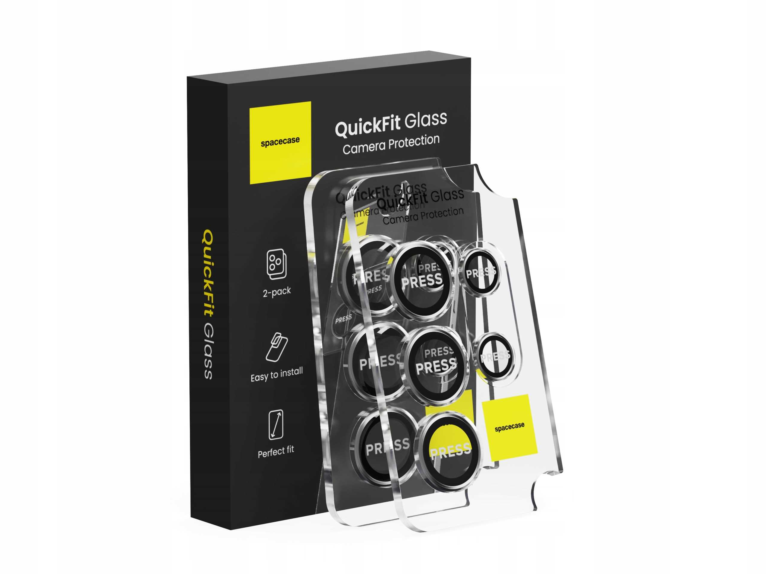 Zestaw ochrony aparatu QuickFit Glass. Przezroczysty ochraniacz ma etykiety z napisem PRESS.
