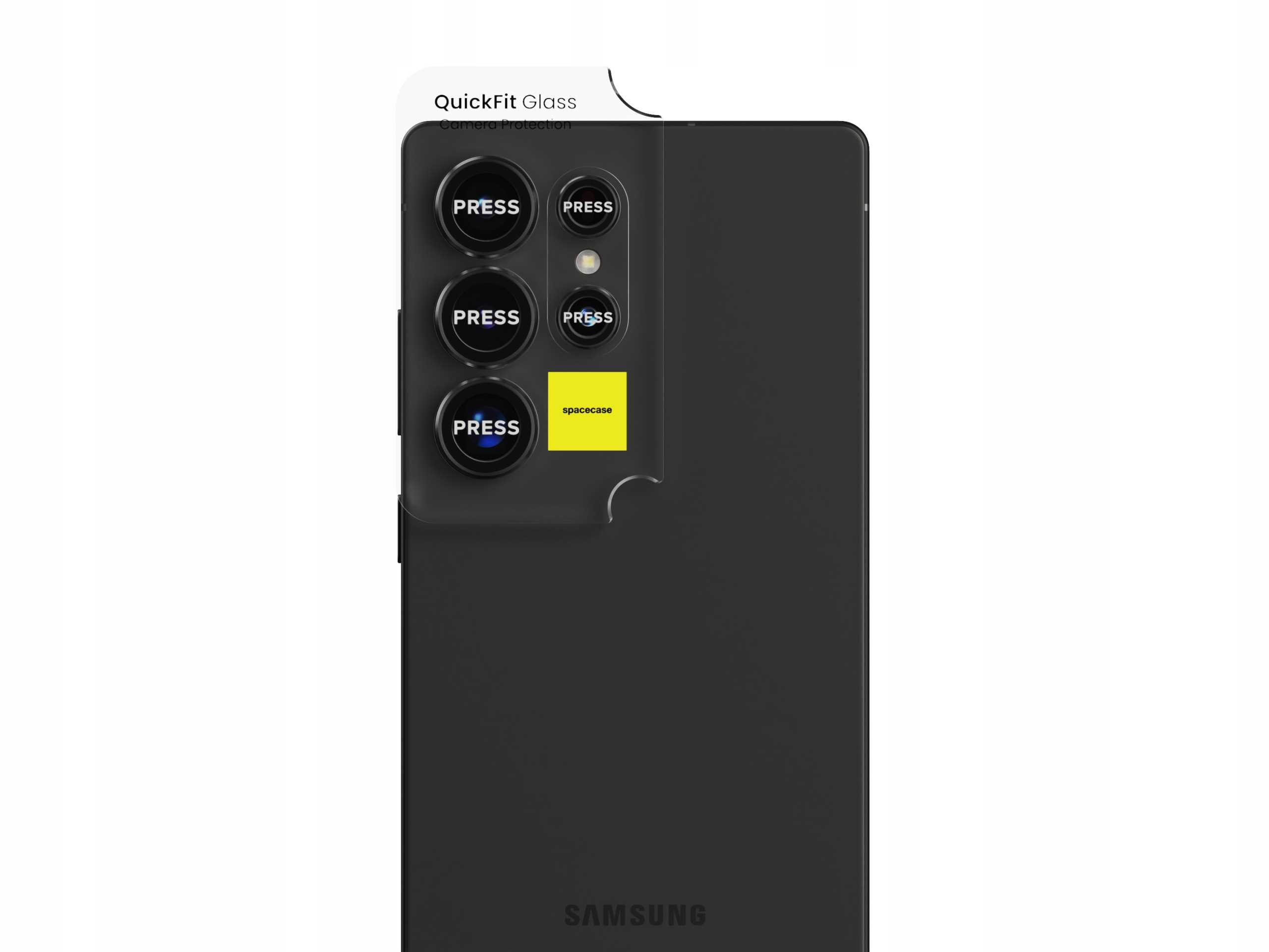 Czarny telefon z osłoną aparatu i etykietą 'spacecase'. Osłona ma cztery przyciski 'PRESS'.