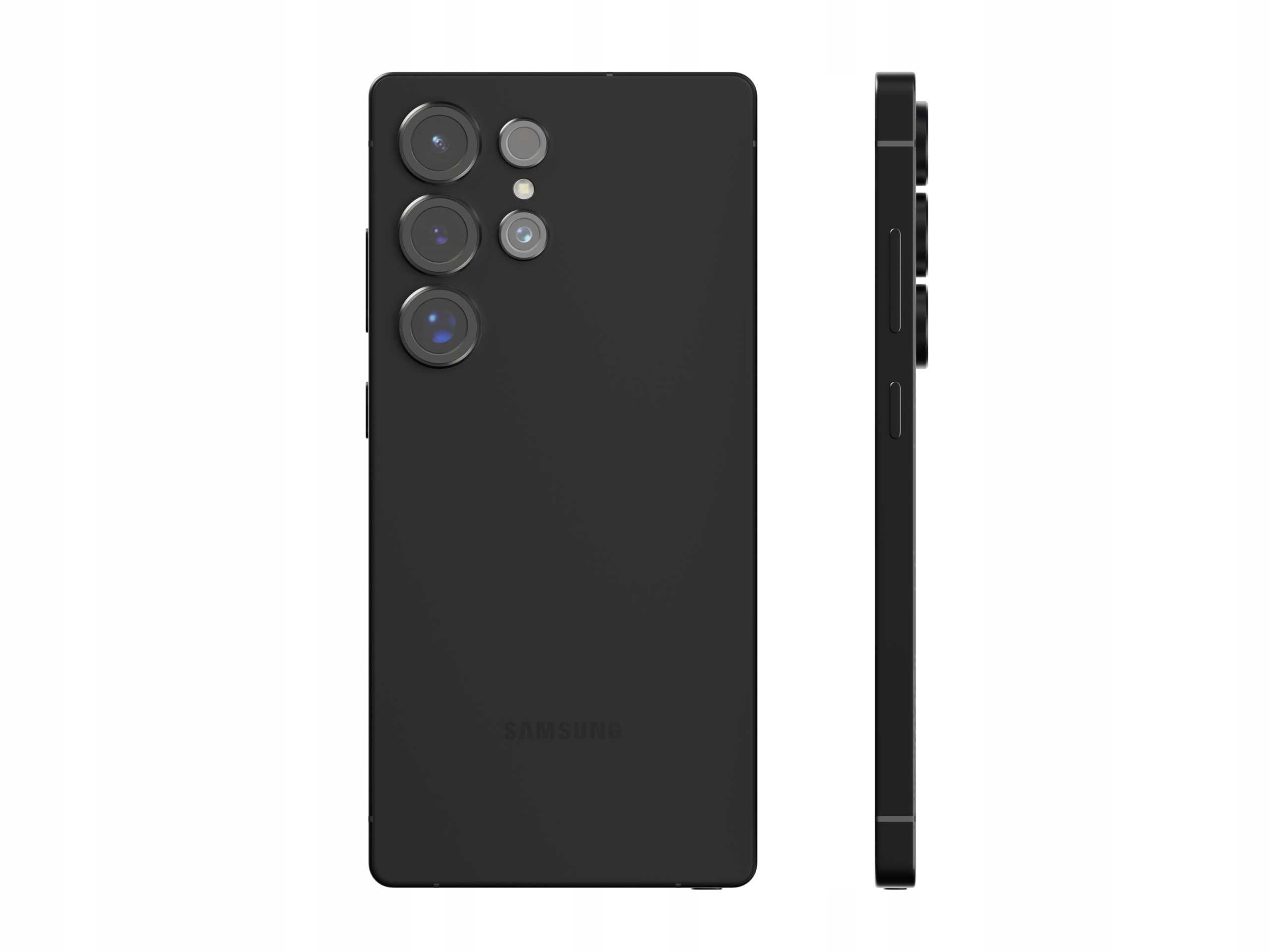 Czarny smartfon z trzema obiektywami i widokiem z boku. Czarny telefon, białe tło.
