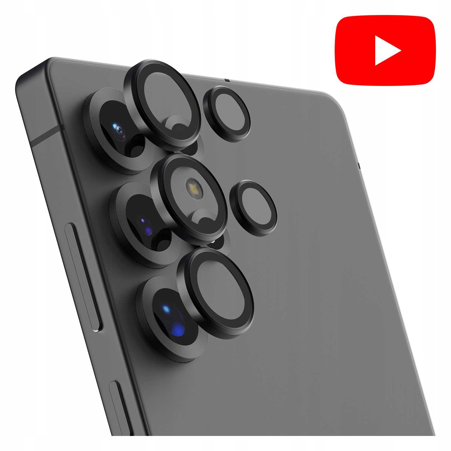 Smartfon z osłonami obiektywu i logo YouTube w prawym górnym rogu.