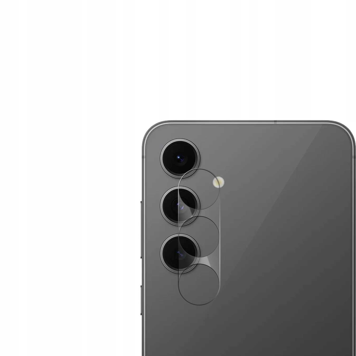 Telefon z trzema obiektywami aparatu pokrytymi osłoną. Telefon jest szary.