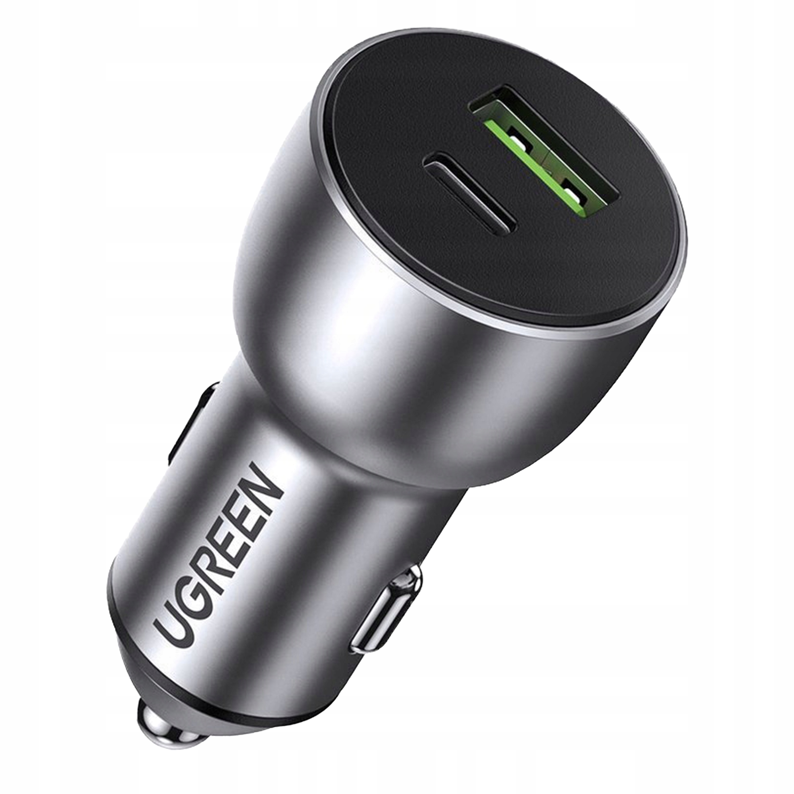 Srebrna ładowarka samochodowa UGREEN z portami USB-A i USB-C. Górna część jest czarna.