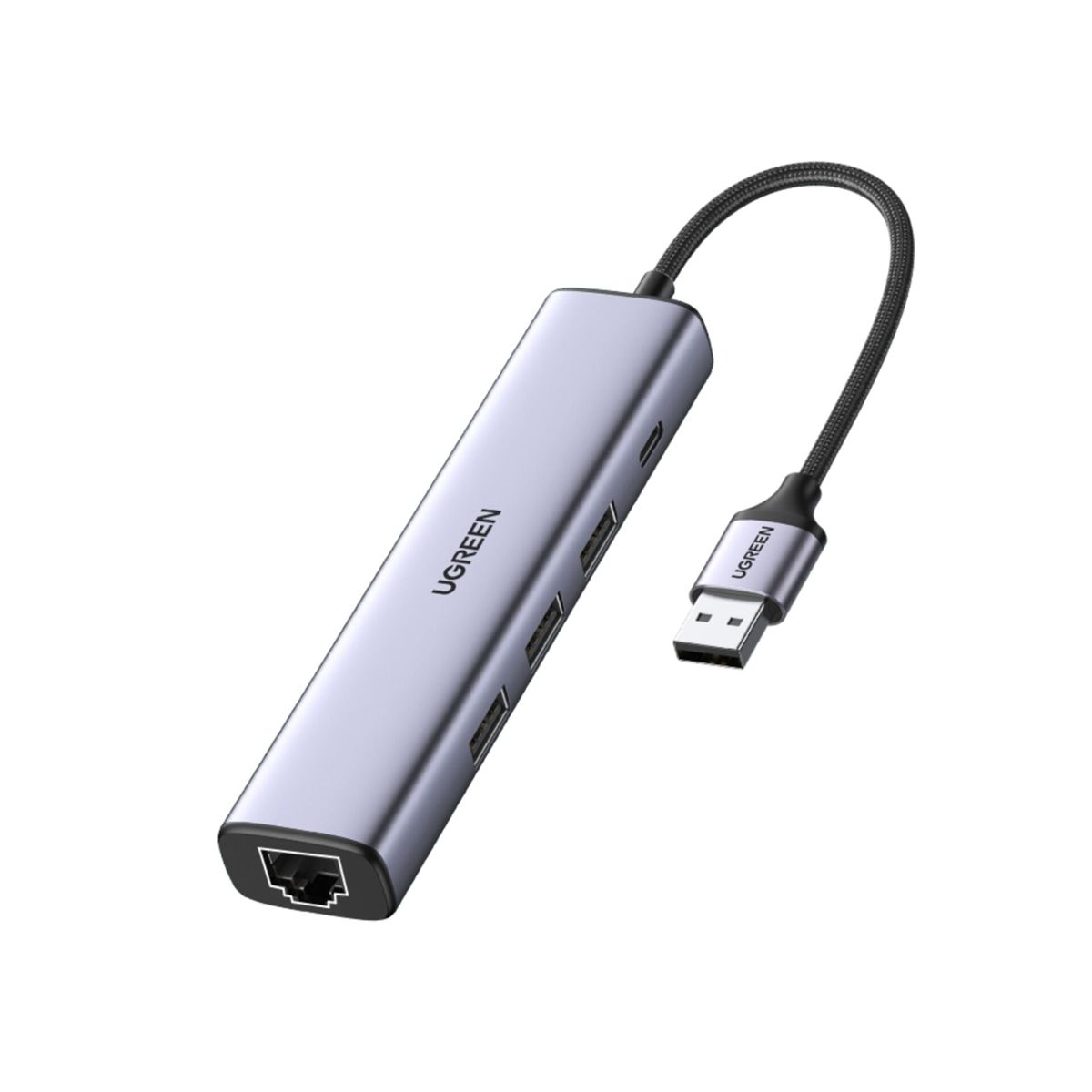 Srebrny hub USB UGREEN z wieloma portami USB i złączem USB-A, połączony czarnym kablem.