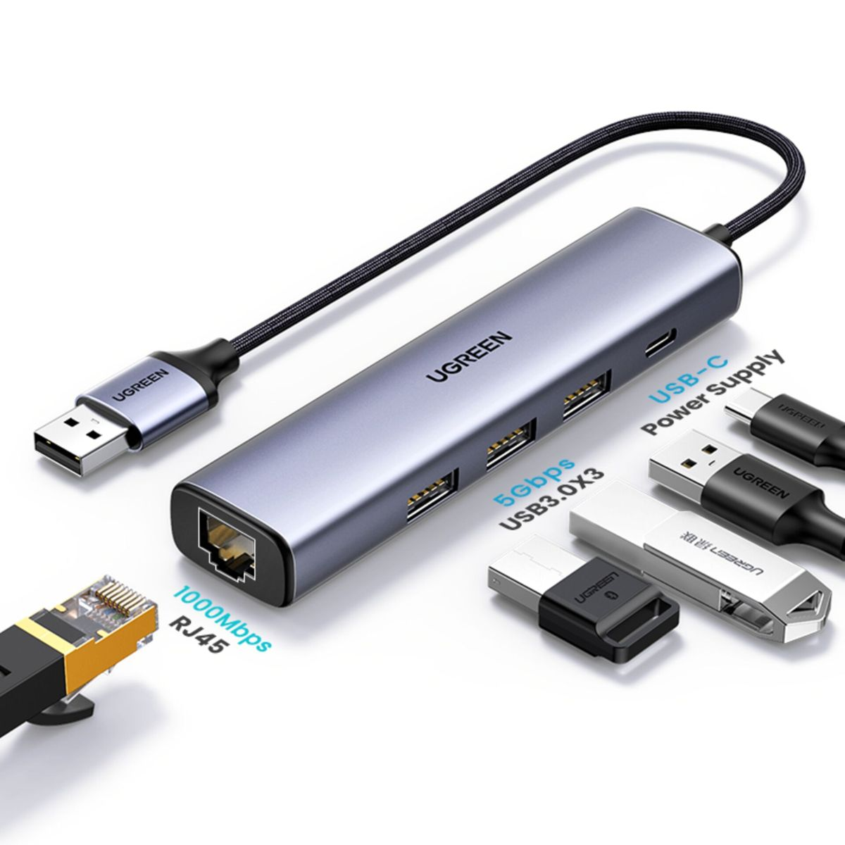 Hub USB UGREEN z wieloma portami USB i złączem USB-A, portem Ethernet i zasilaniem USB-C.