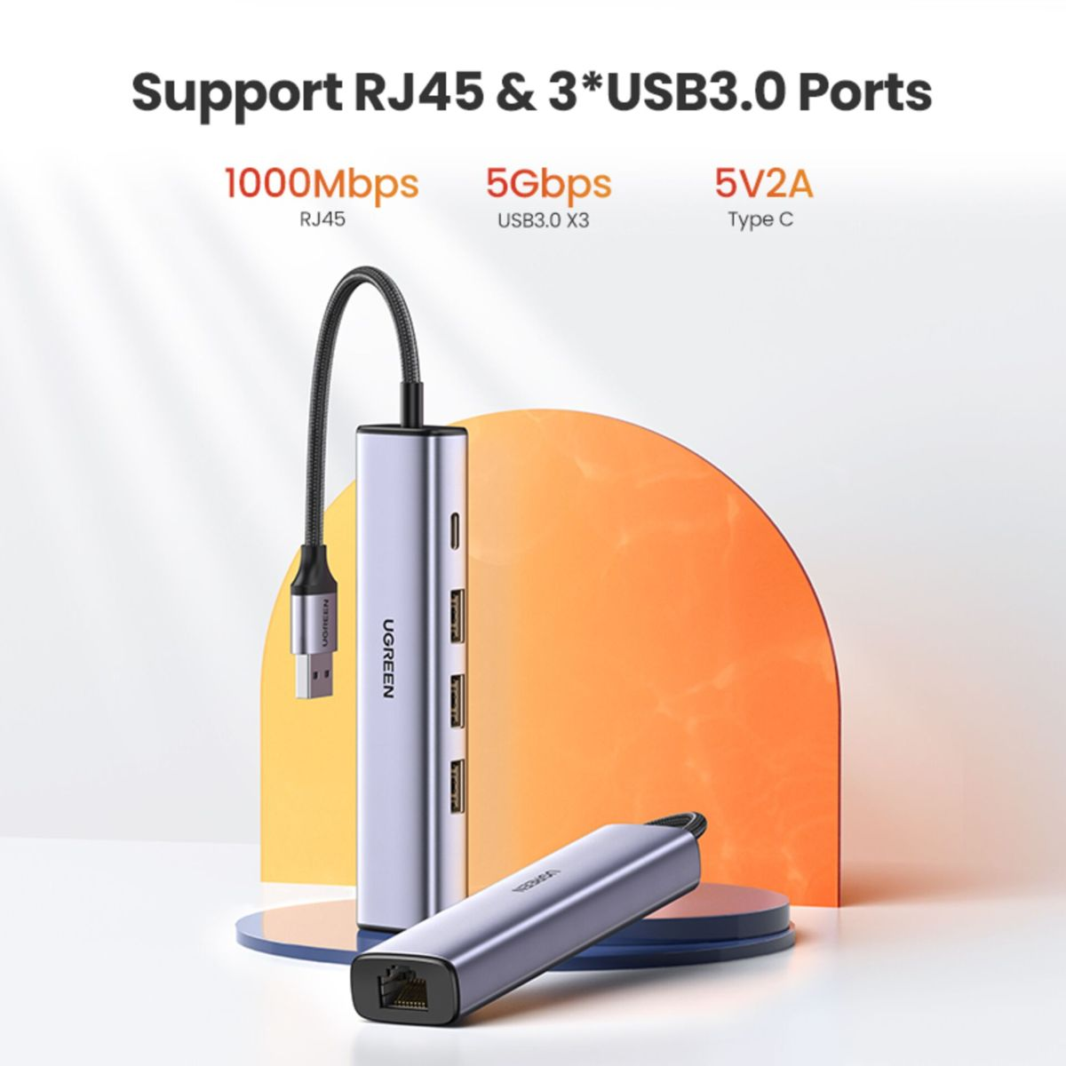 Hub USB z wieloma portami i logo UGREEN. Tekst brzmi: Support RJ45 & 3*USB3.0 Ports.