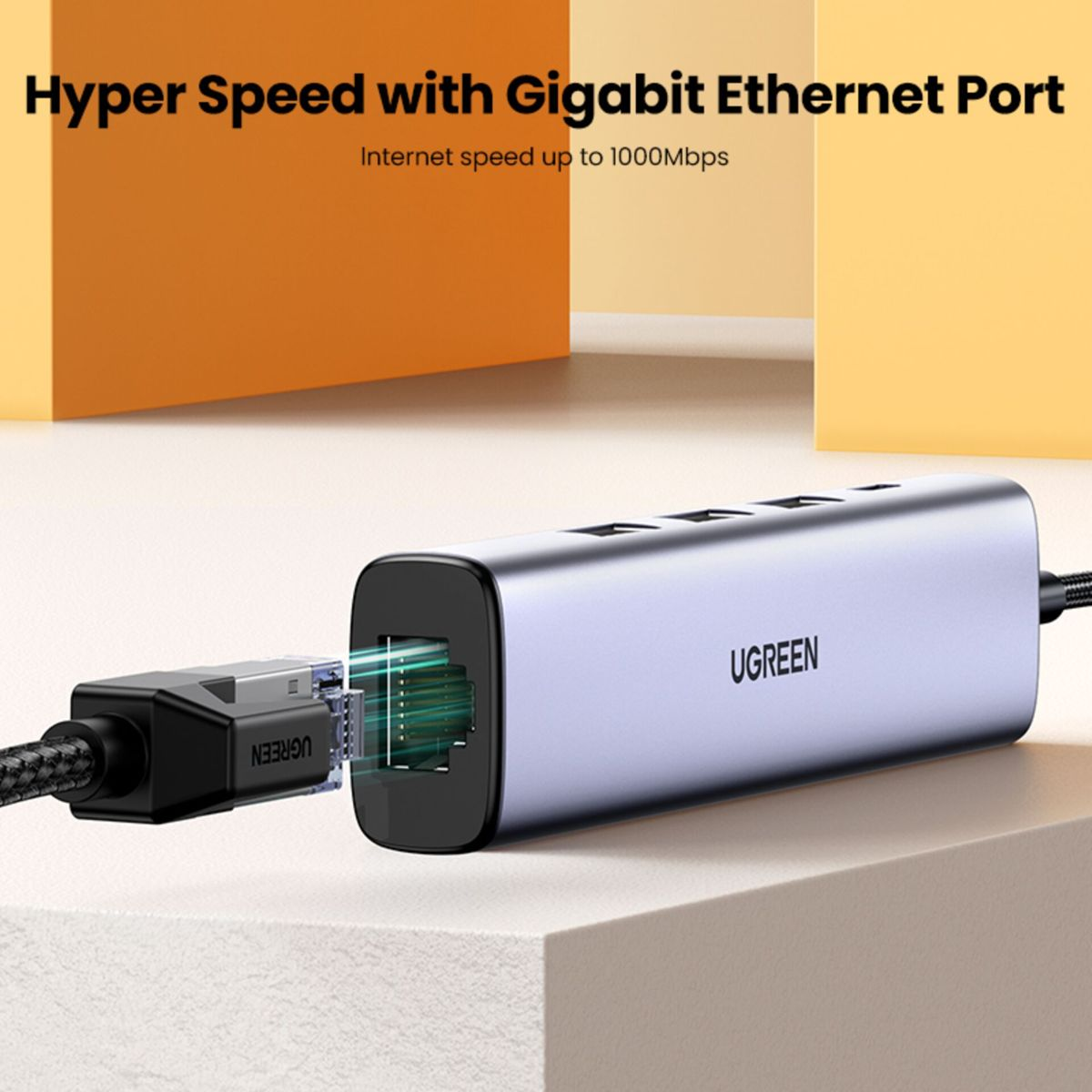 Srebrny adapter Ethernet UGREEN z czarnym kablem. Tekst: "Hyper Speed... Ethernet Port". Pomarańczowe tło.
