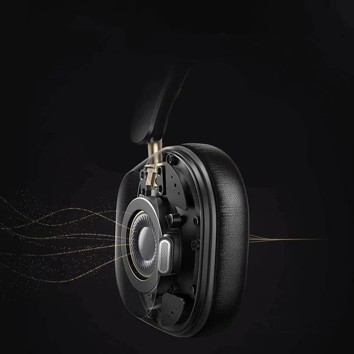 Widok przekrojowy głośnika słuchawkowego, ukazujący elementy wewnętrzne na czarnym tle z falami dźwiękowymi.