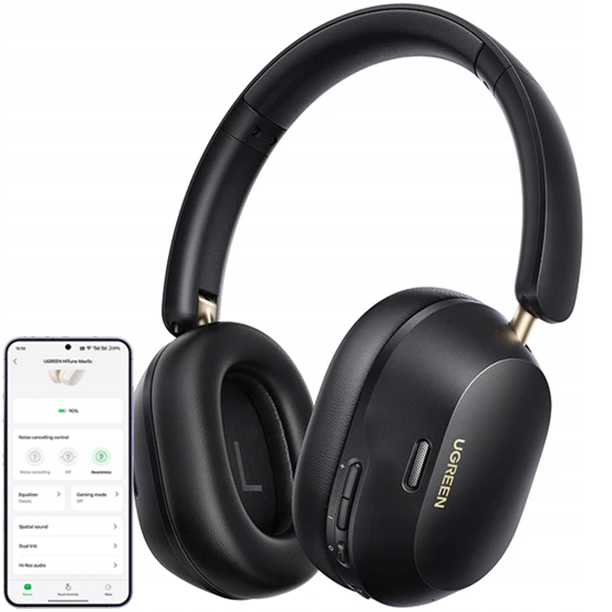 Czarne słuchawki z ekranem aplikacji pokazującym redukcję szumów i inne ustawienia, czarne tło.