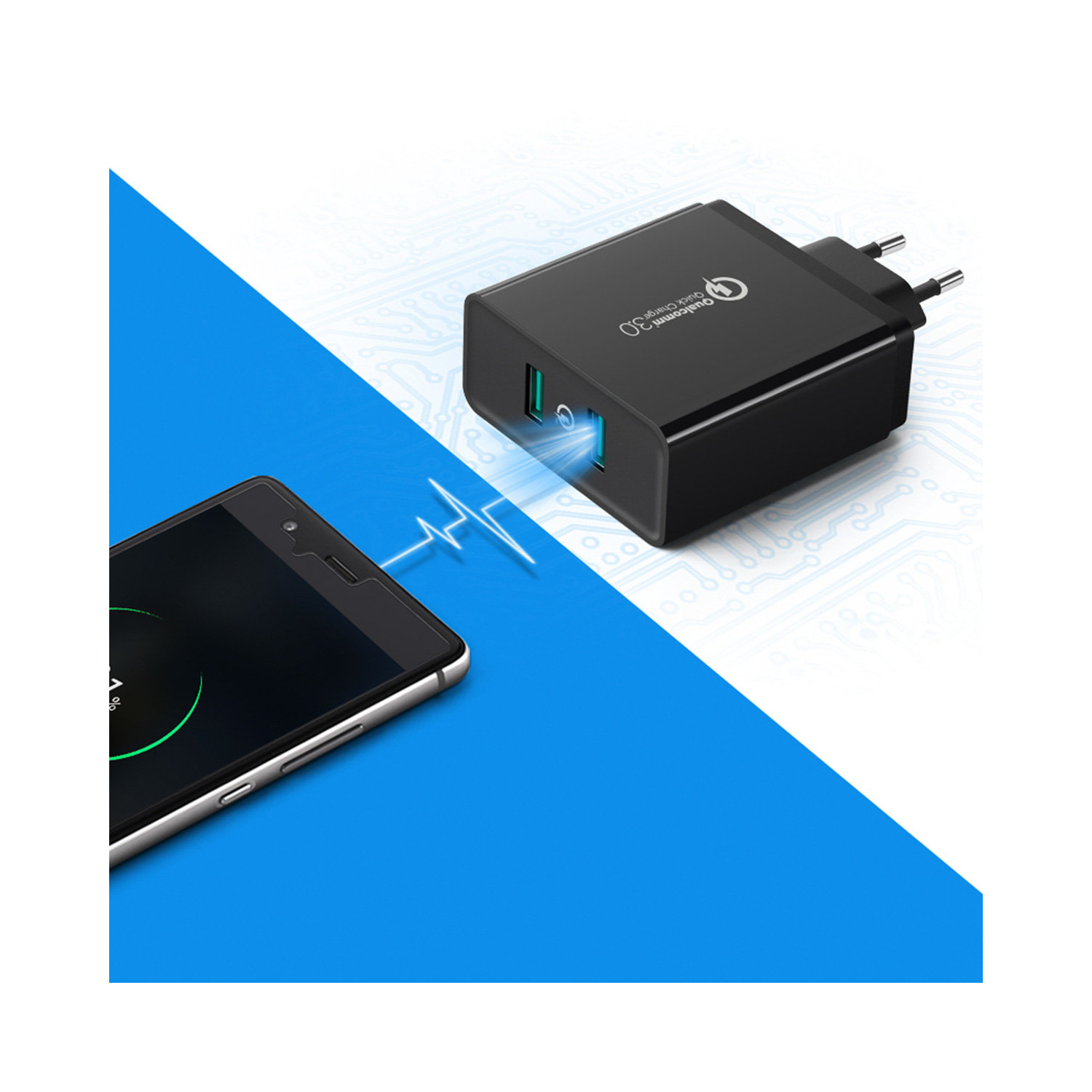 Czarny adapter ładowania z portami USB. Telefon się ładuje. Niebieskie i białe tło.