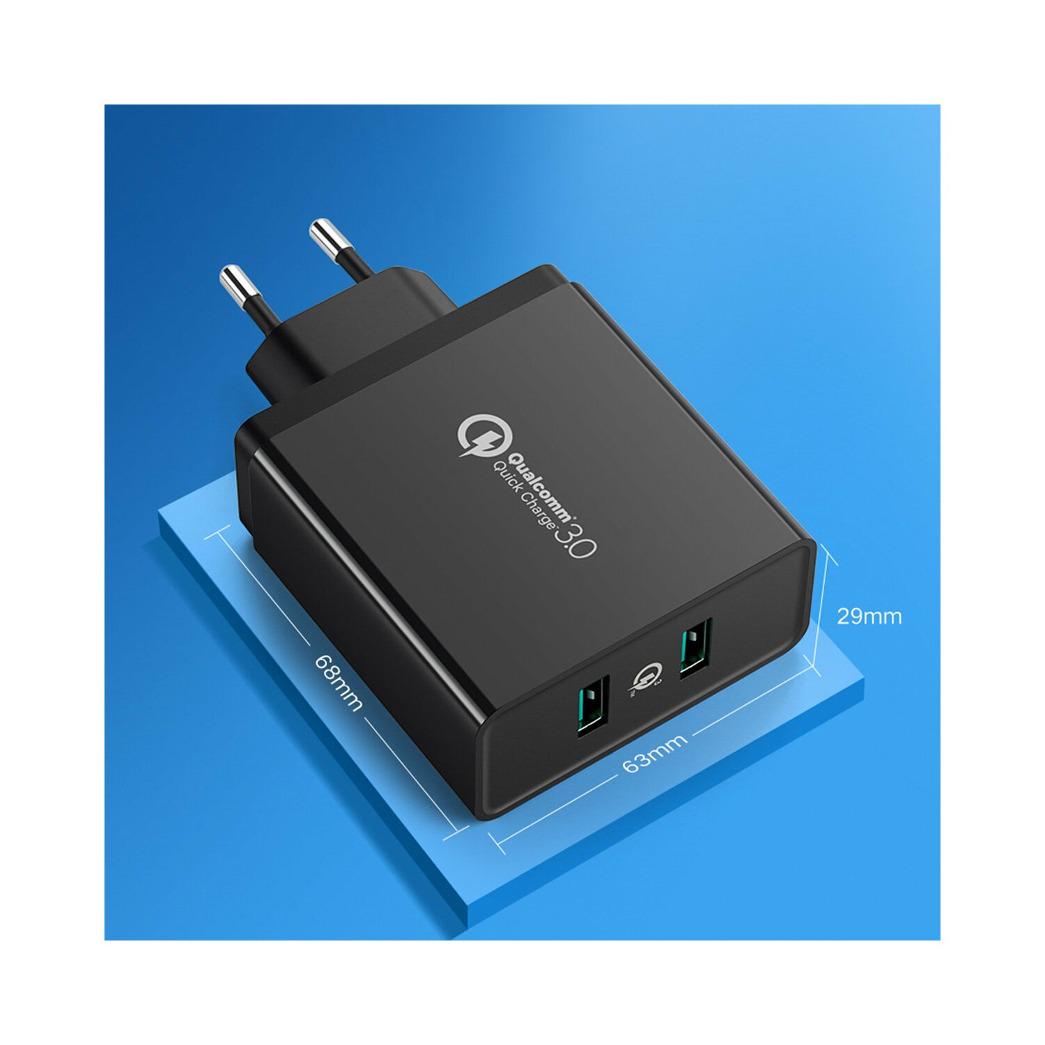 Czarna ładowarka Qualcomm Quick Charge 3.0 z dwoma portami USB. Wymiary w mm na niebieskim tle.