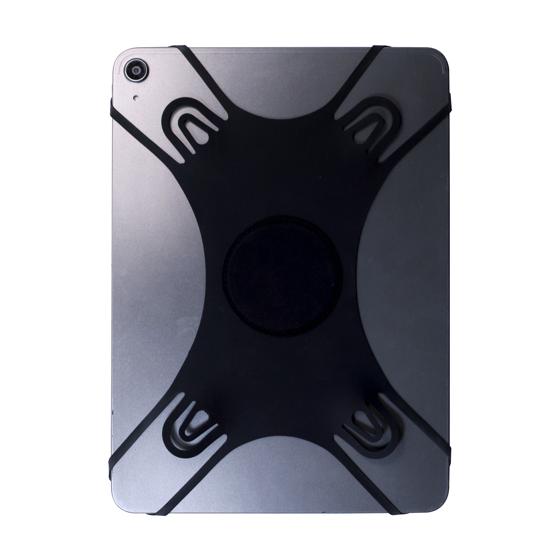 Tył srebrnego tabletu z czarnym systemem pasków. W rogu widoczny obiektyw tylnej kamery.