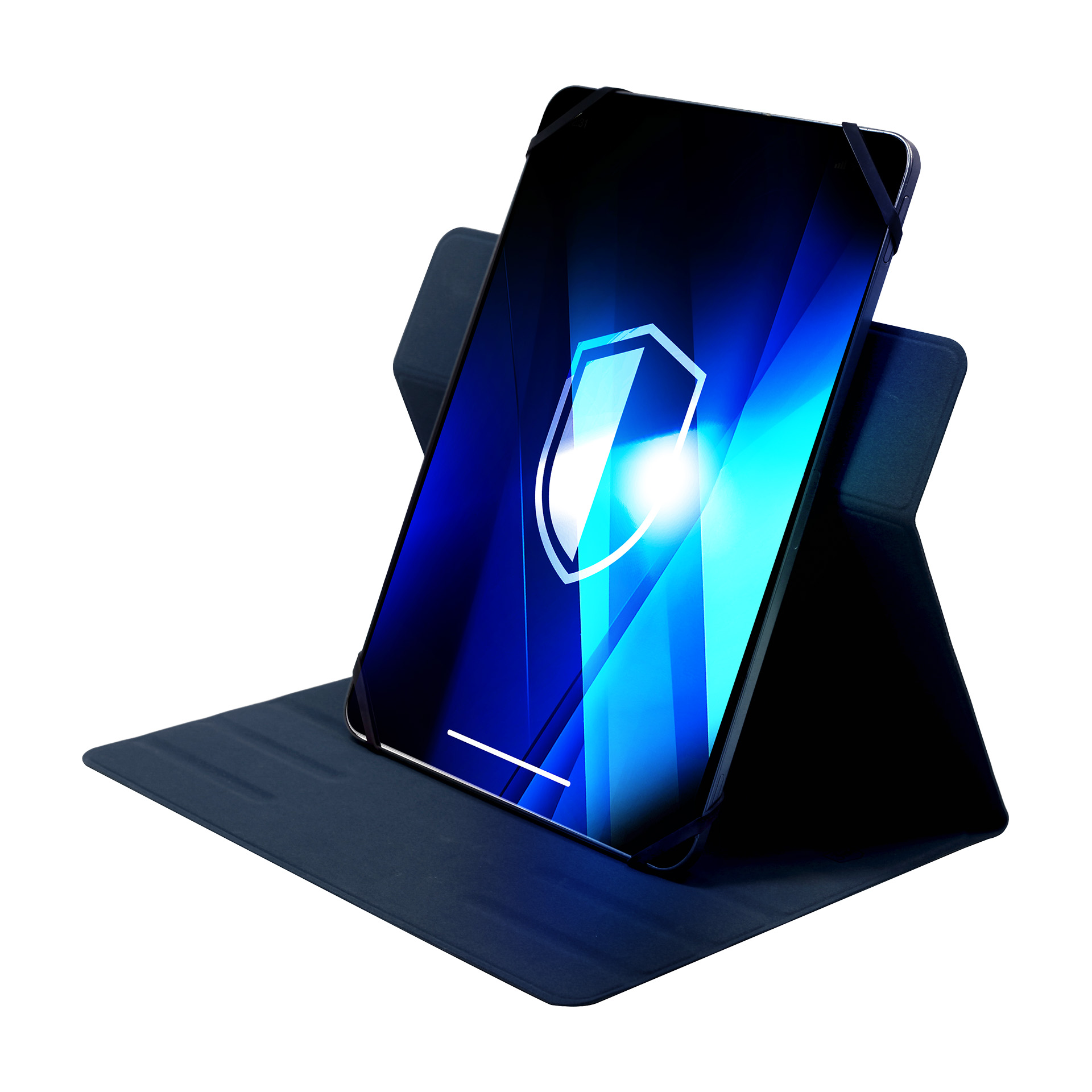 Tablet w ciemnoniebieskim etui, pod kątem. Ekran wyświetla logo tarczy na niebieskim gradiencie.