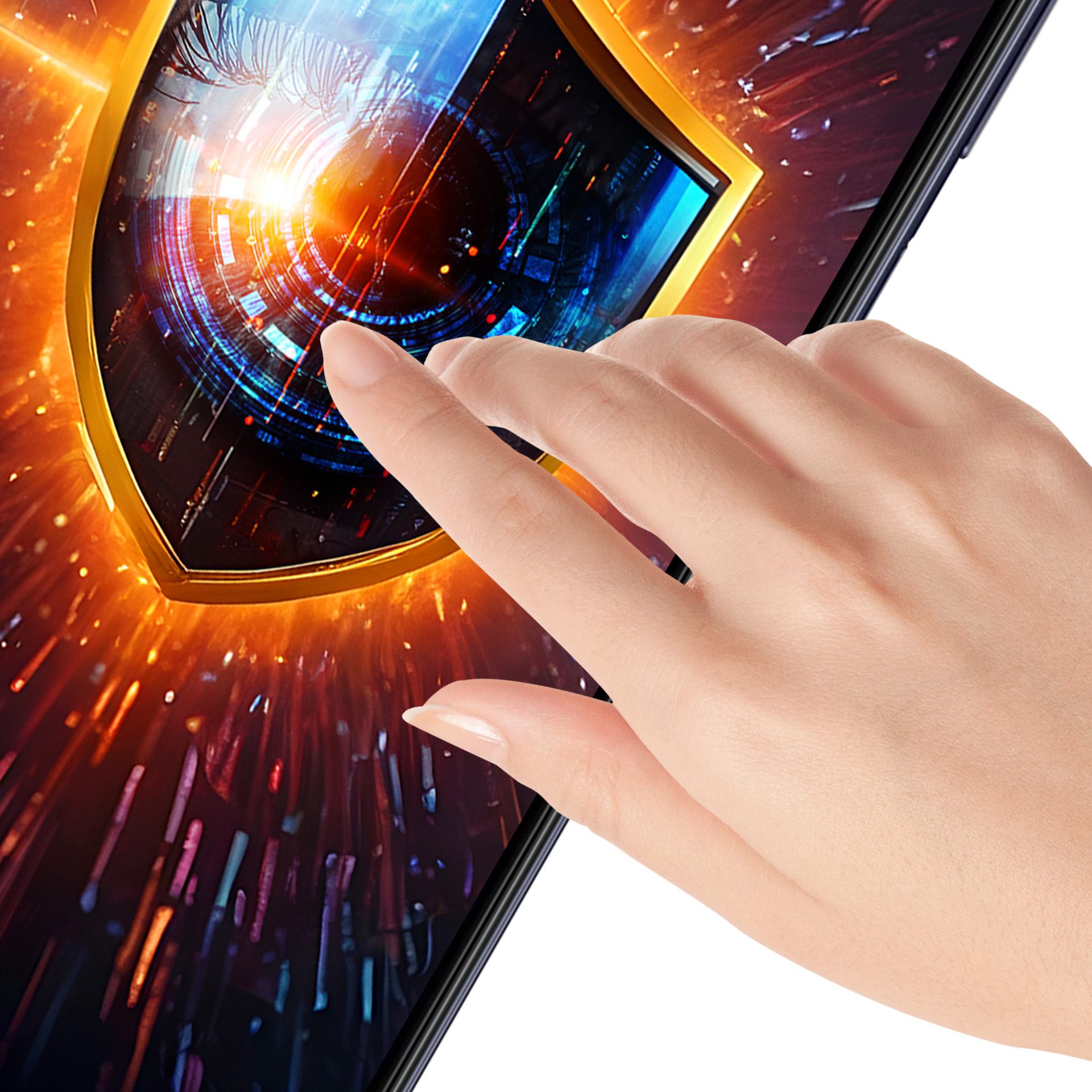 Dłoń dotykająca ekranu telefonu. Ekran wyświetla złoty wzór tarczy i ma kolorowe tło.