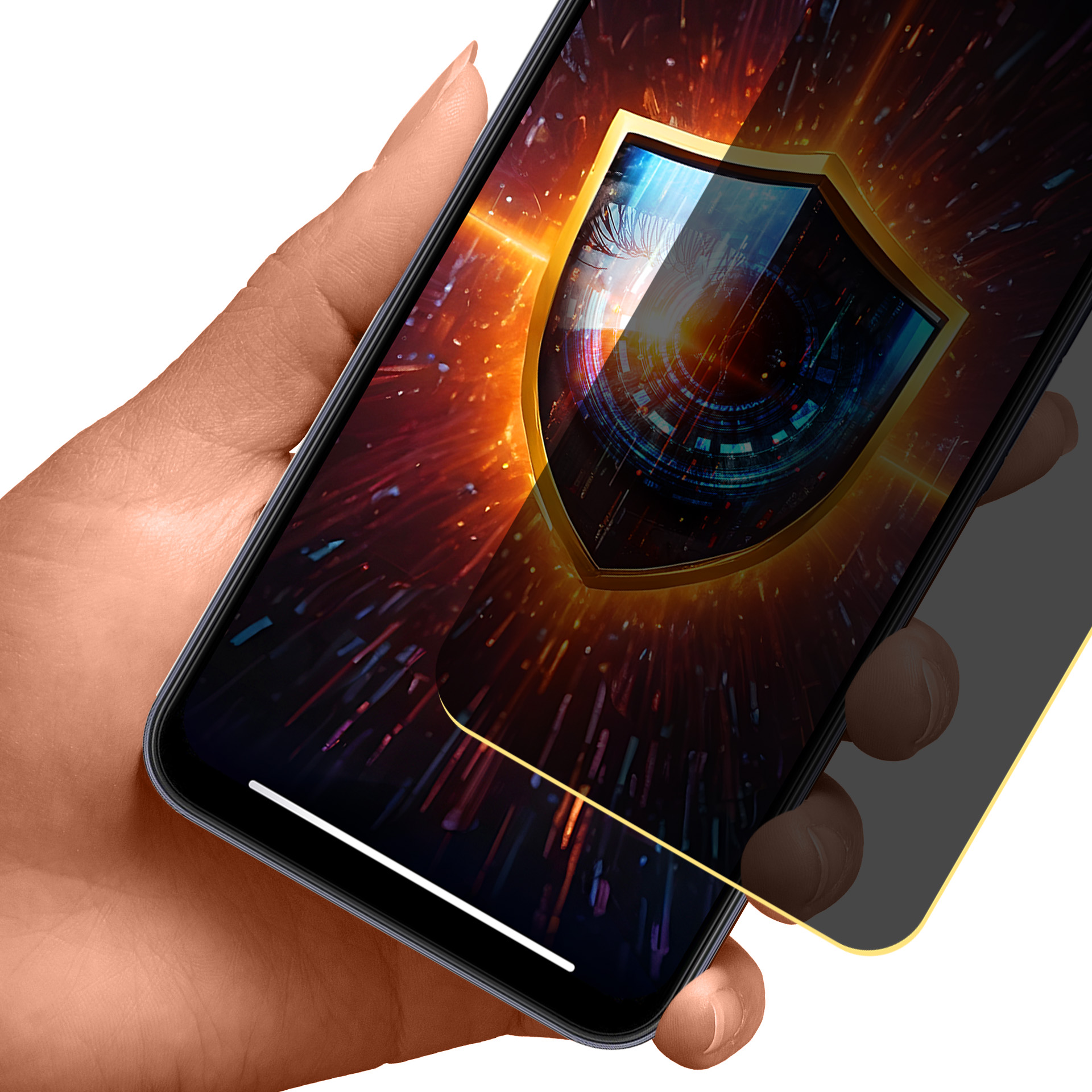 Dłoń trzymająca telefon z ochraniaczem ekranu. Ekran wyświetla złoty wzór tarczy. Ochraniacz jest widoczny.