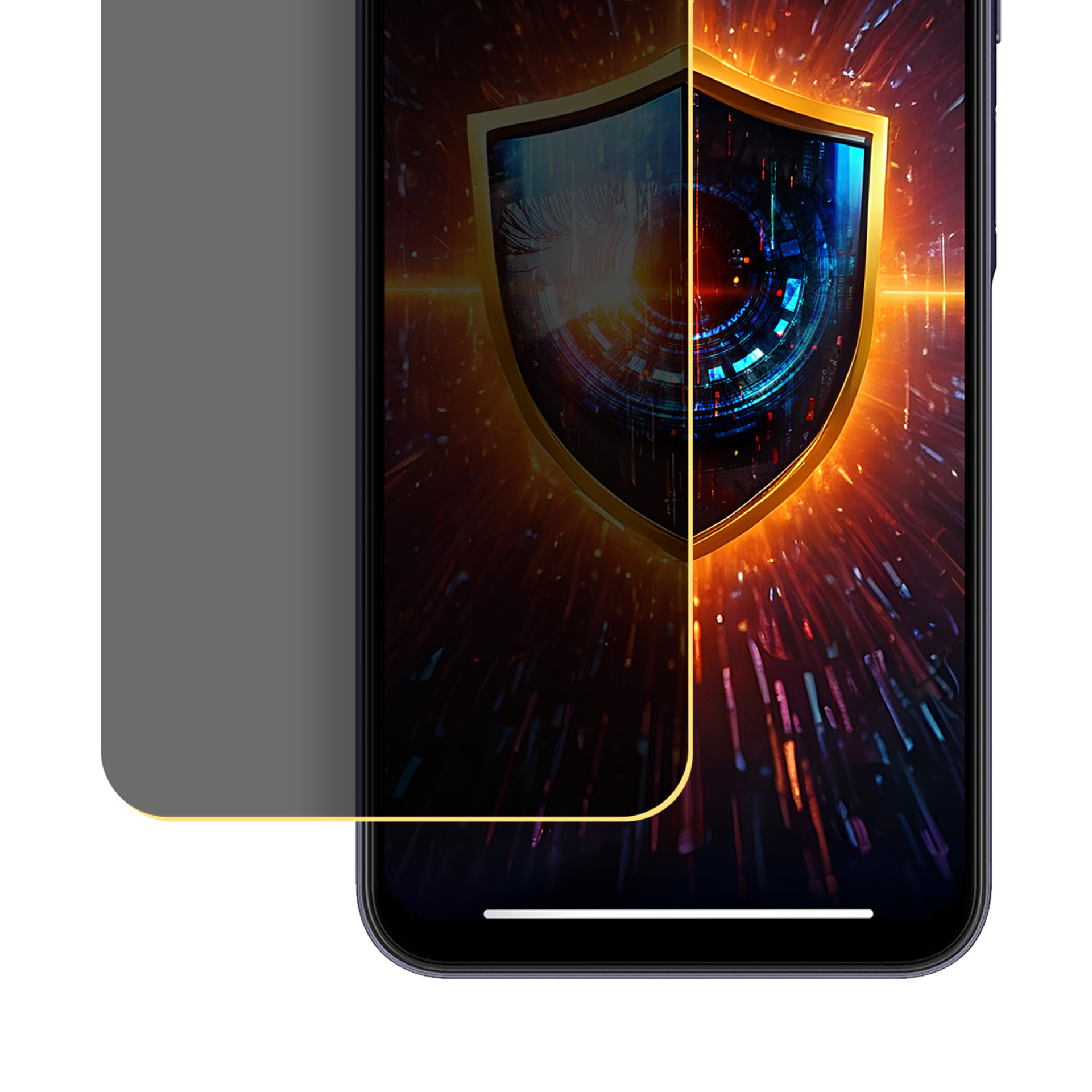 Smartfon z ochraniaczem ekranu. Ekran pokazuje cyfrową tarczę z tłem strumienia danych.