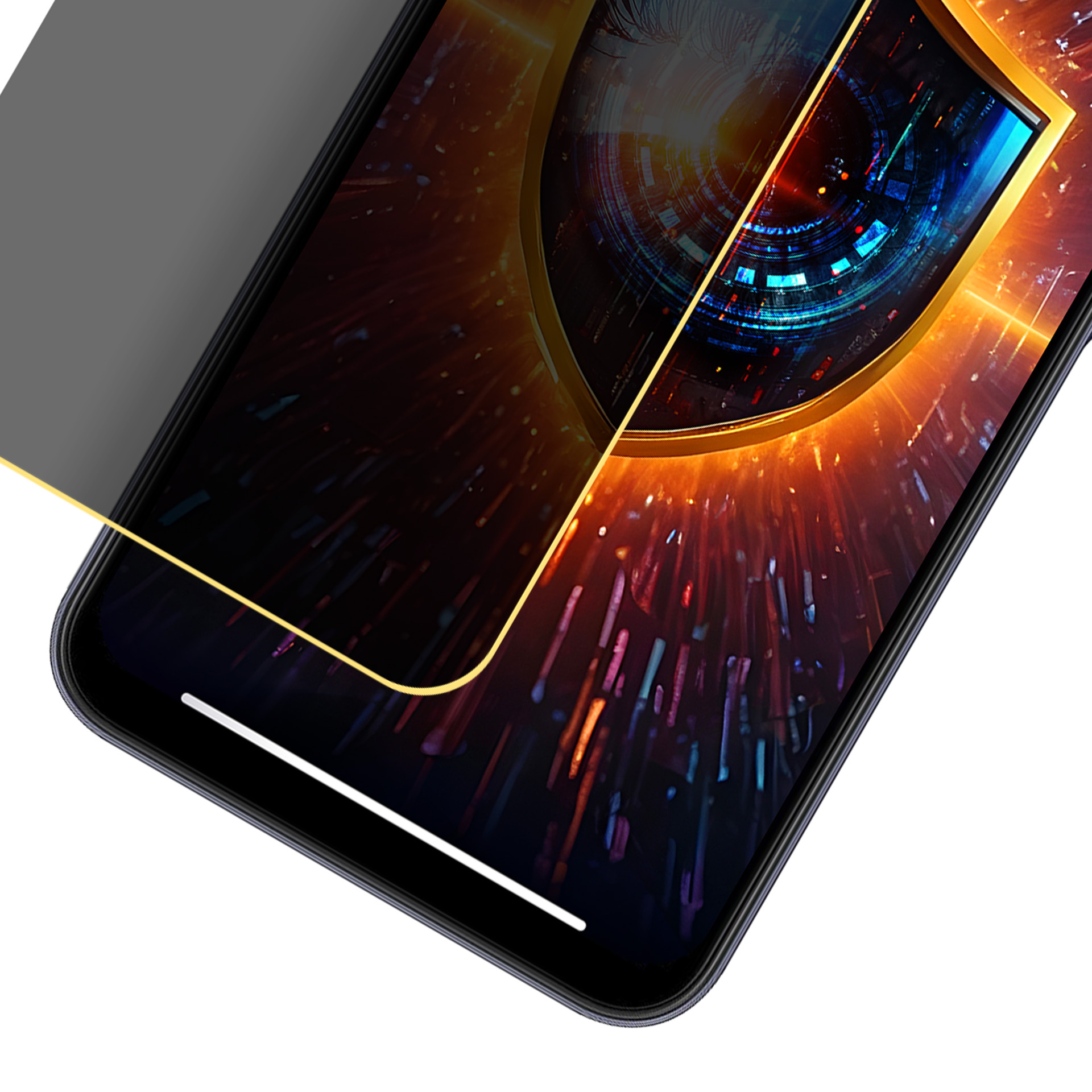 Telefon z ochraniaczem ekranu. Ekran wyświetla złoty wzór tarczy. Ochraniacz jest po prawej stronie.