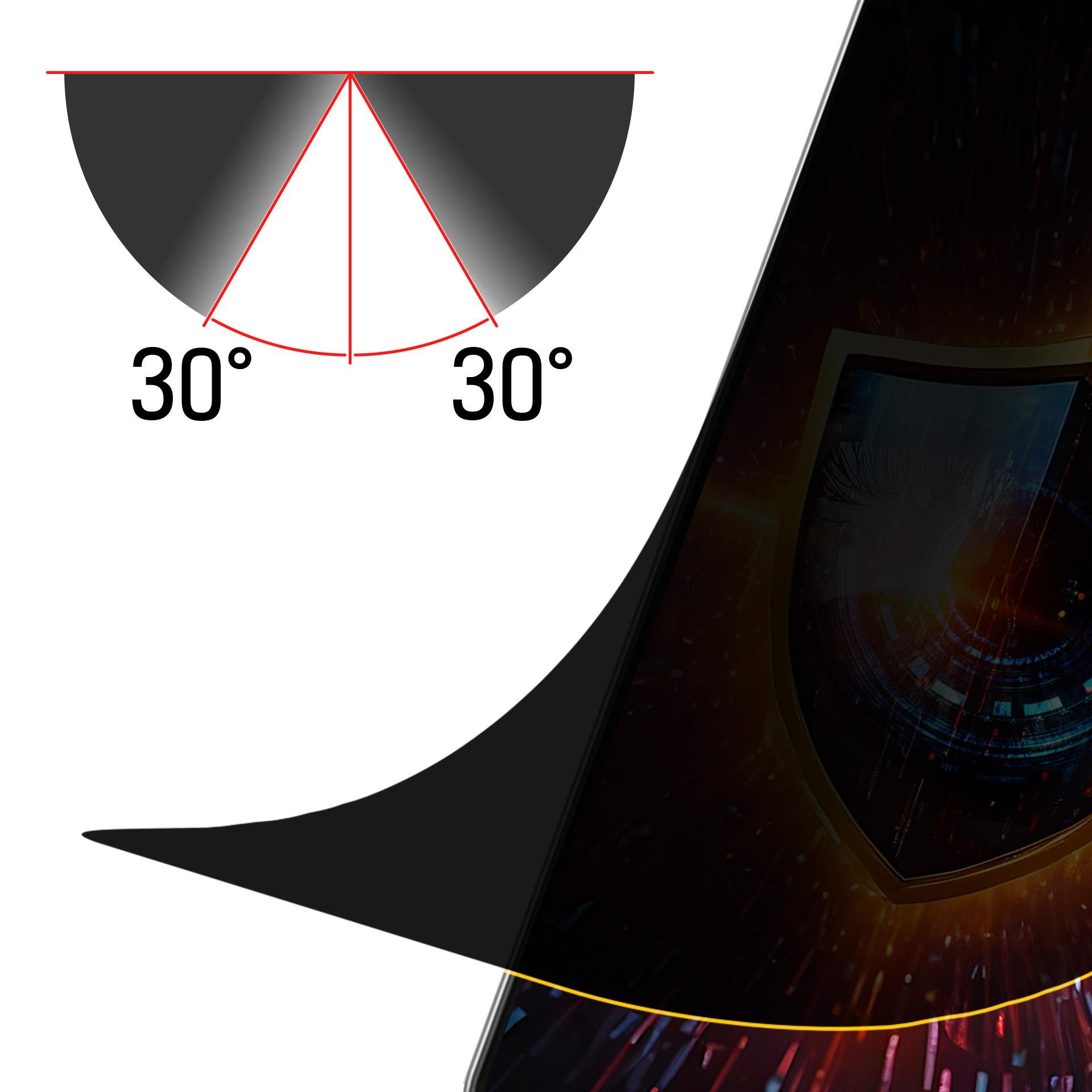 Un diagramma con angoli di 30 gradi, che dimostra l'angolo di privacy dello schermo.