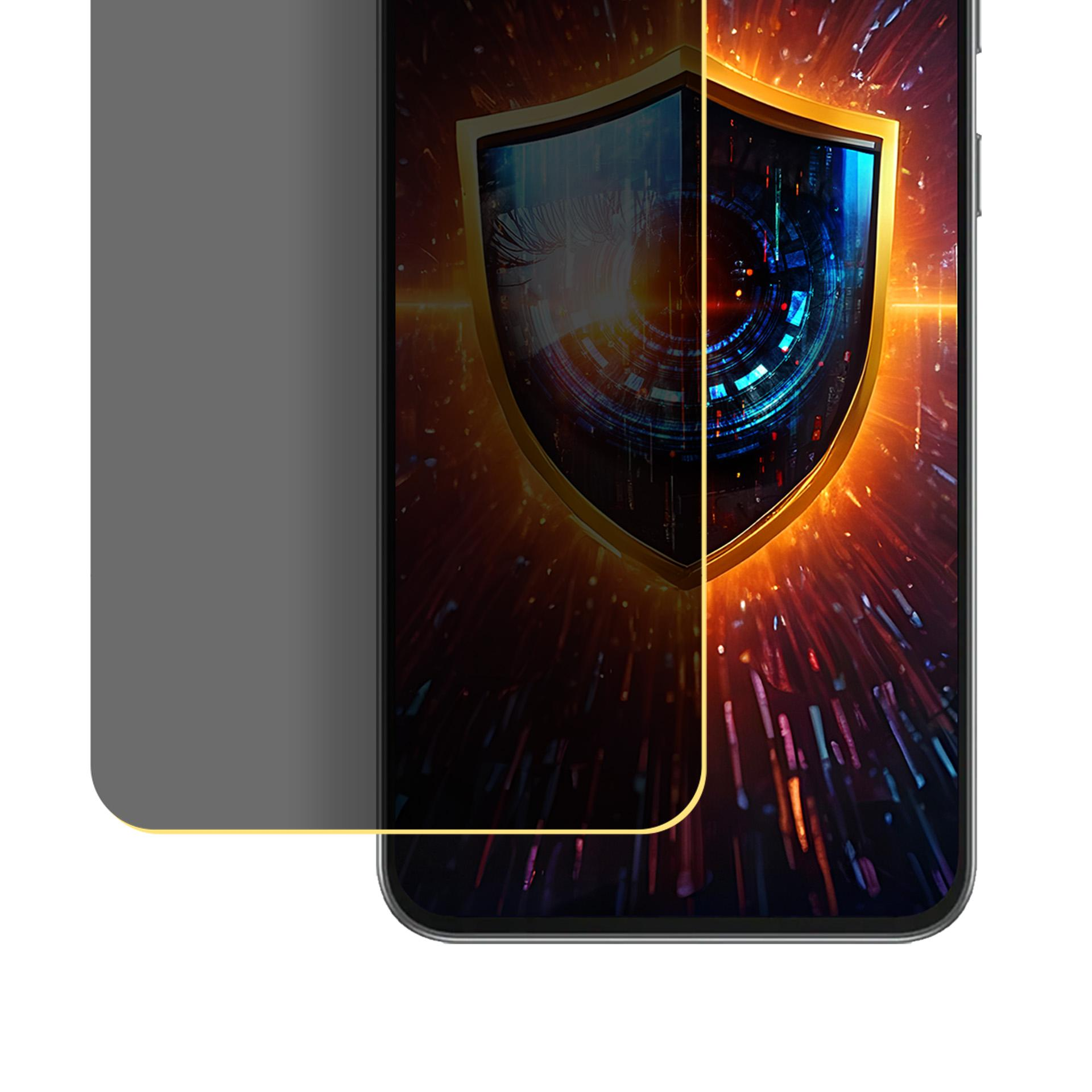 Un telefono con una protezione per lo schermo. Un design a scudo è sullo schermo.