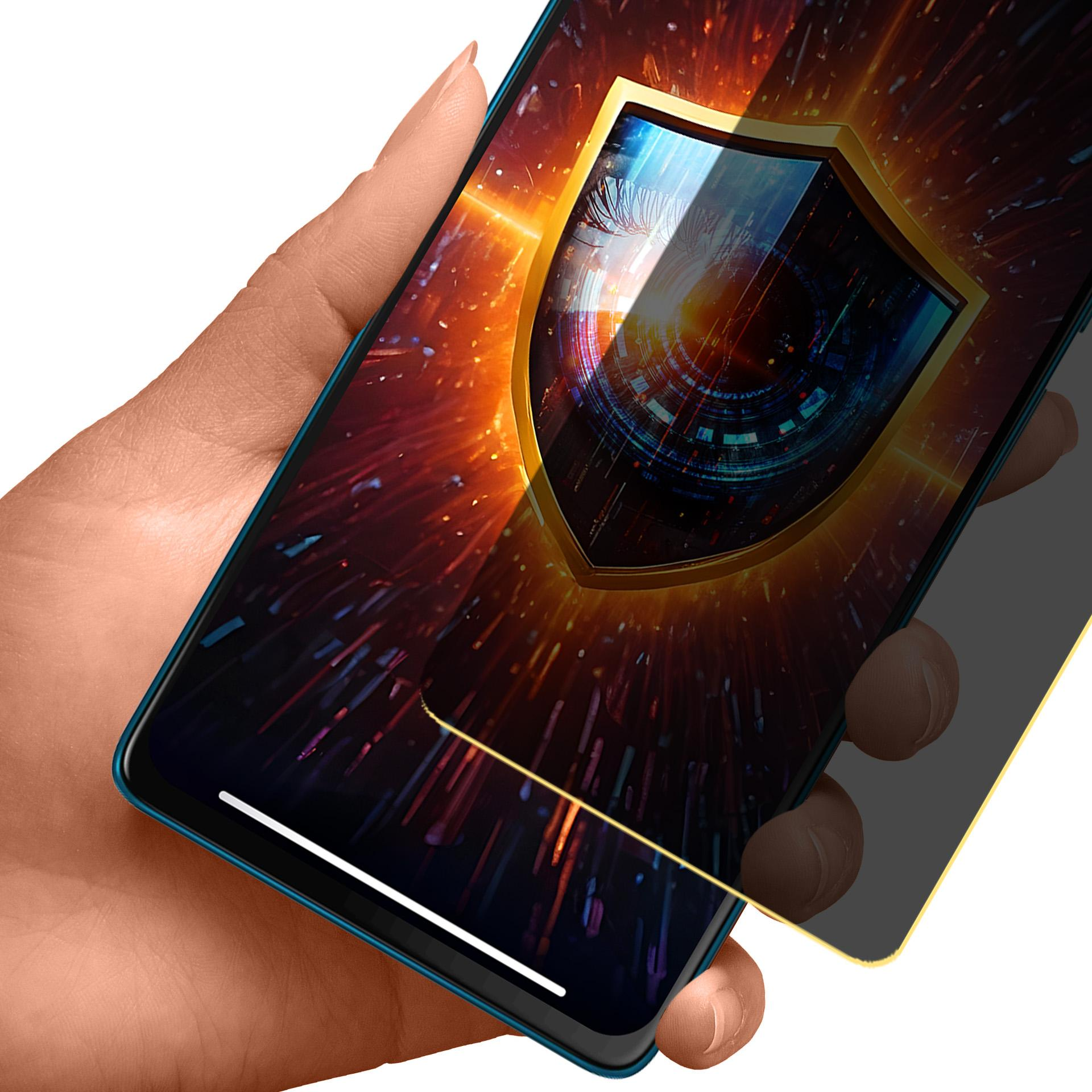 Una mano che tiene un telefono con una protezione per lo schermo. Uno scudo è sullo schermo.