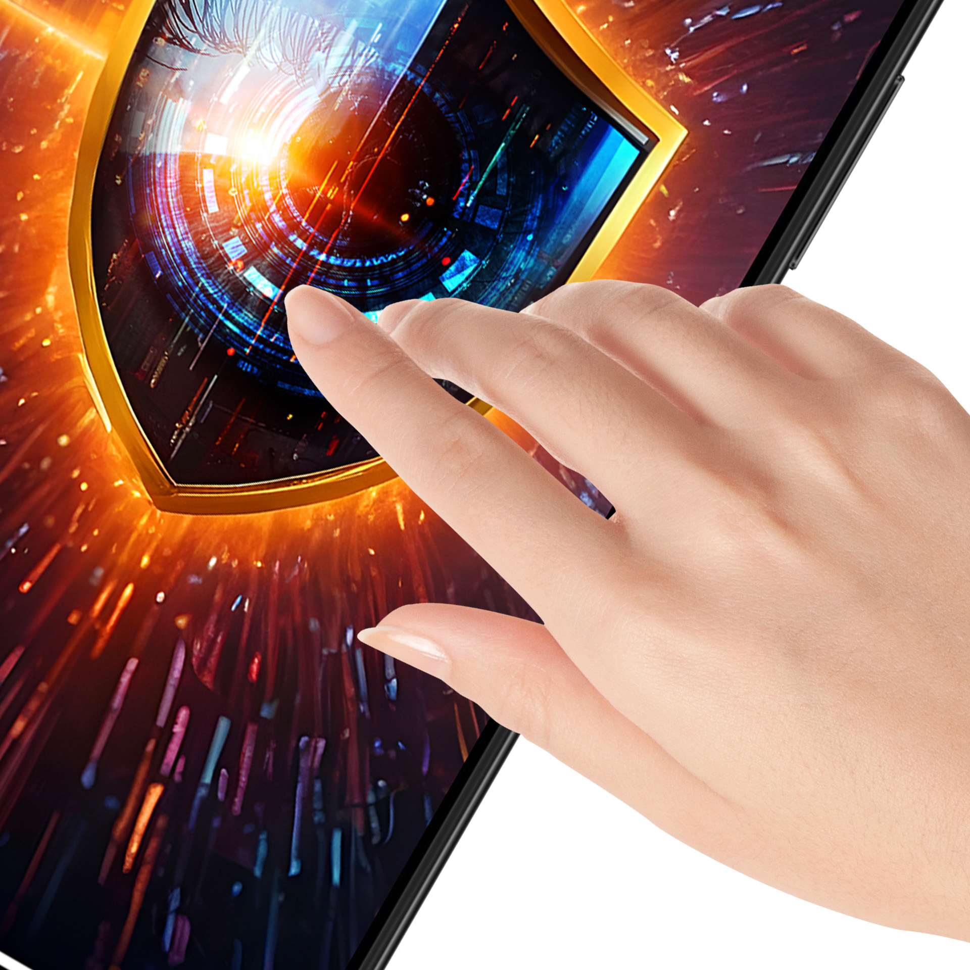 Una mano tocca lo schermo del telefono. Lo schermo ha un design astratto.