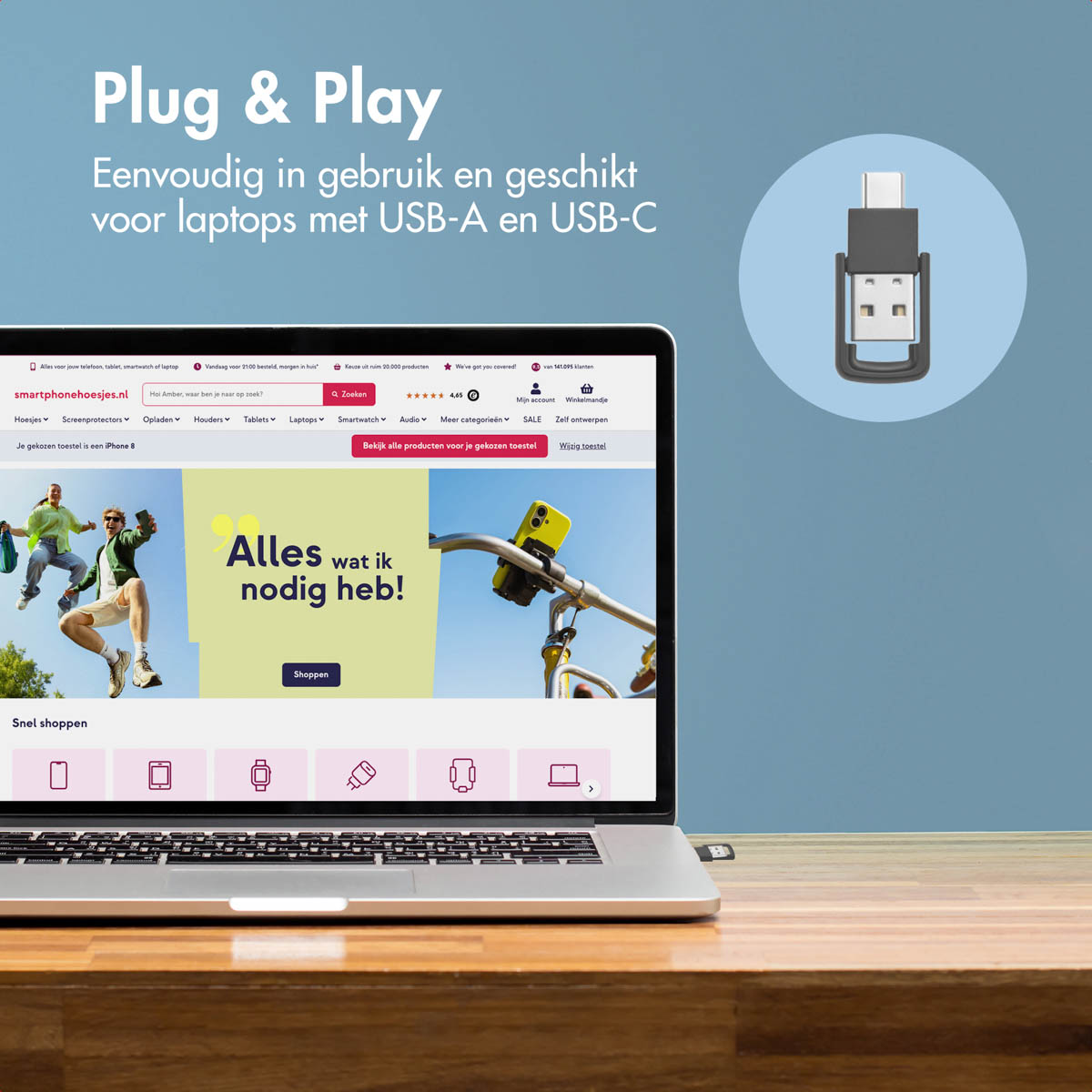 Laptop con cavo USB-C. Un sito web è aperto sullo schermo.