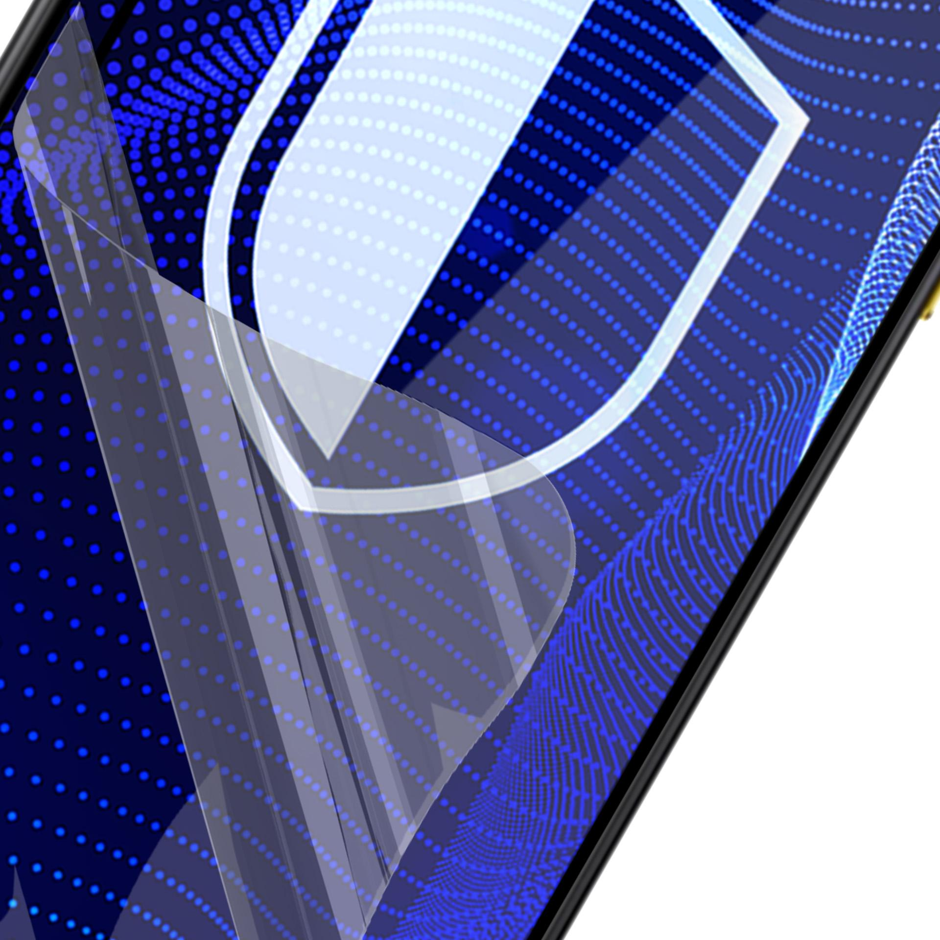 Un telefono con protezione schermo, che mostra un grafico a scudo su sfondo blu a pois.