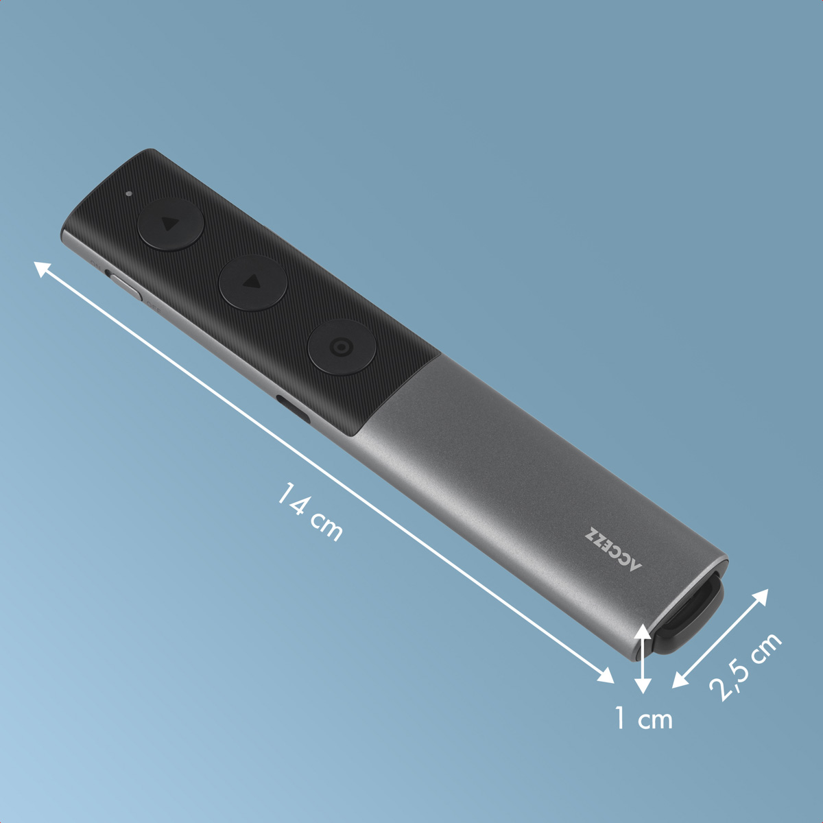Un telecomando nero e grigio con pulsanti. Le dimensioni sono indicate.