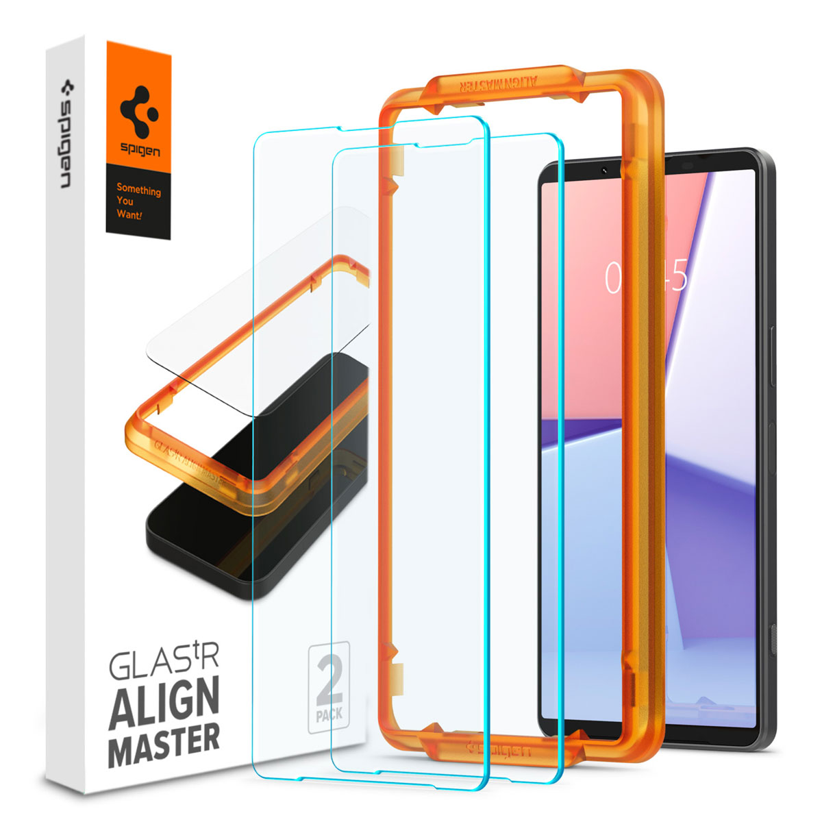 Un téléphone avec un cadre orange et un protecteur d'écran, avec une boîte et deux autres protecteurs d'écran.