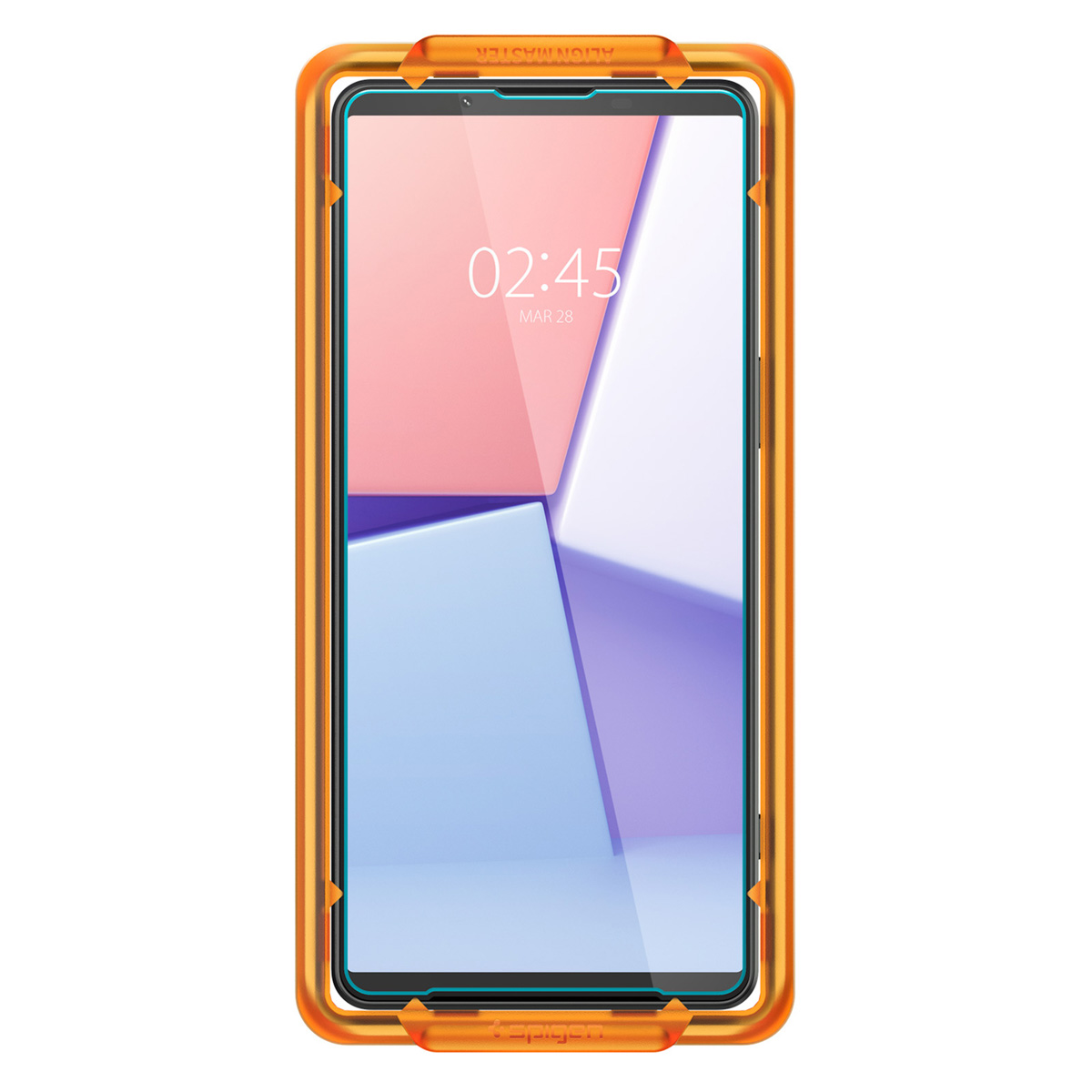 Un téléphone dans un cadre orange, l'écran affiche l'heure et la date. Deux protecteurs d'écran transparents sont présentés.