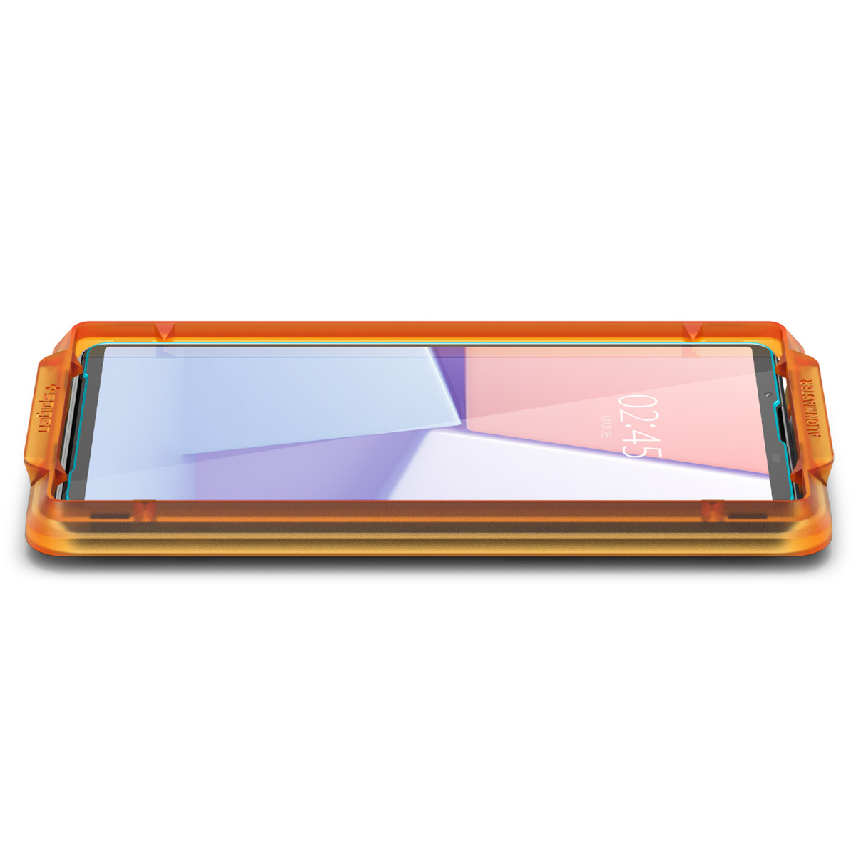 Un téléphone avec un protecteur d'écran dans un cadre orange. L'écran du téléphone affiche l'heure et la date.