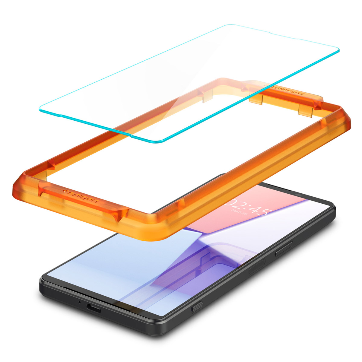 Vue éclatée d'un téléphone, cadre orange et protecteur d'écran au-dessus du téléphone. Téléphone noir en dessous.