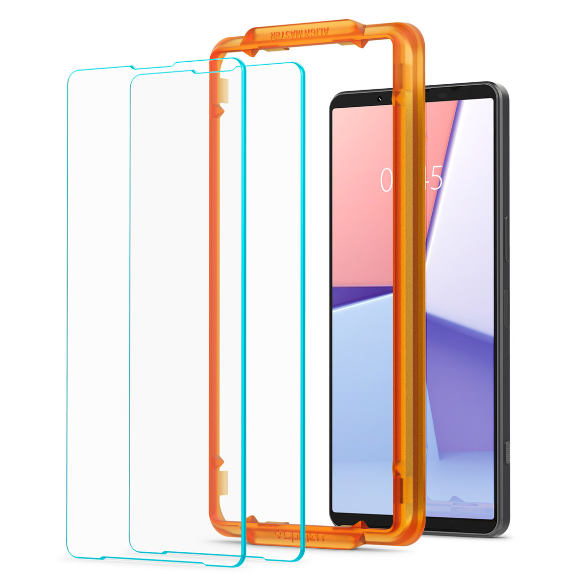 Un téléphone est placé à côté de deux protecteurs d'écran et d'un cadre. L'écran du téléphone affiche un graphique orange et violet.
