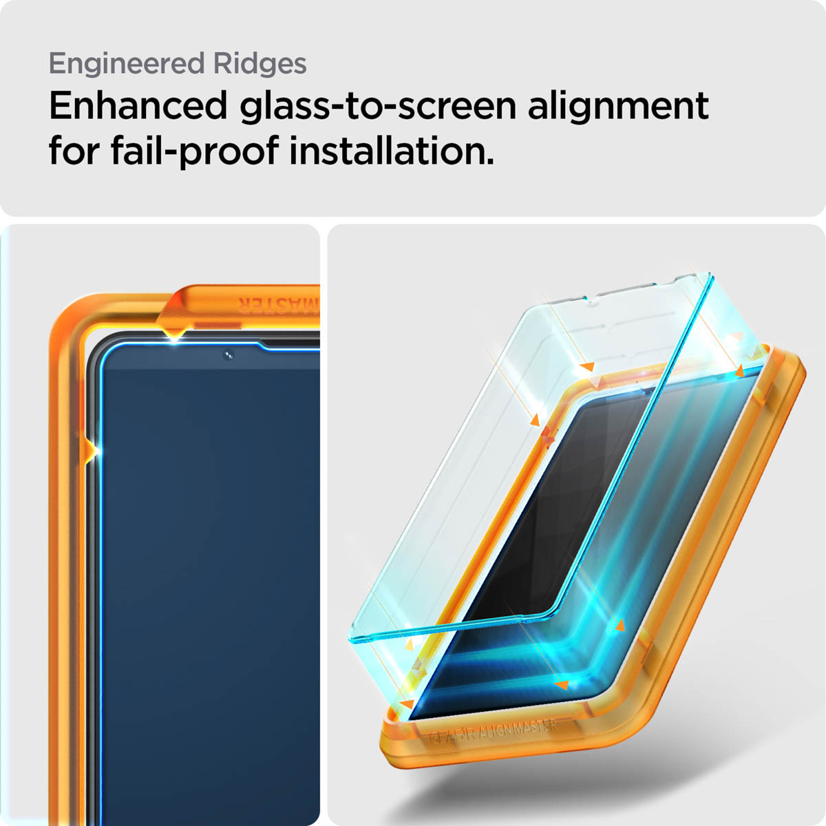 Deux images montrant un téléphone avec un cadre orange, et un protecteur transparent en cours d'application, avec du texte.