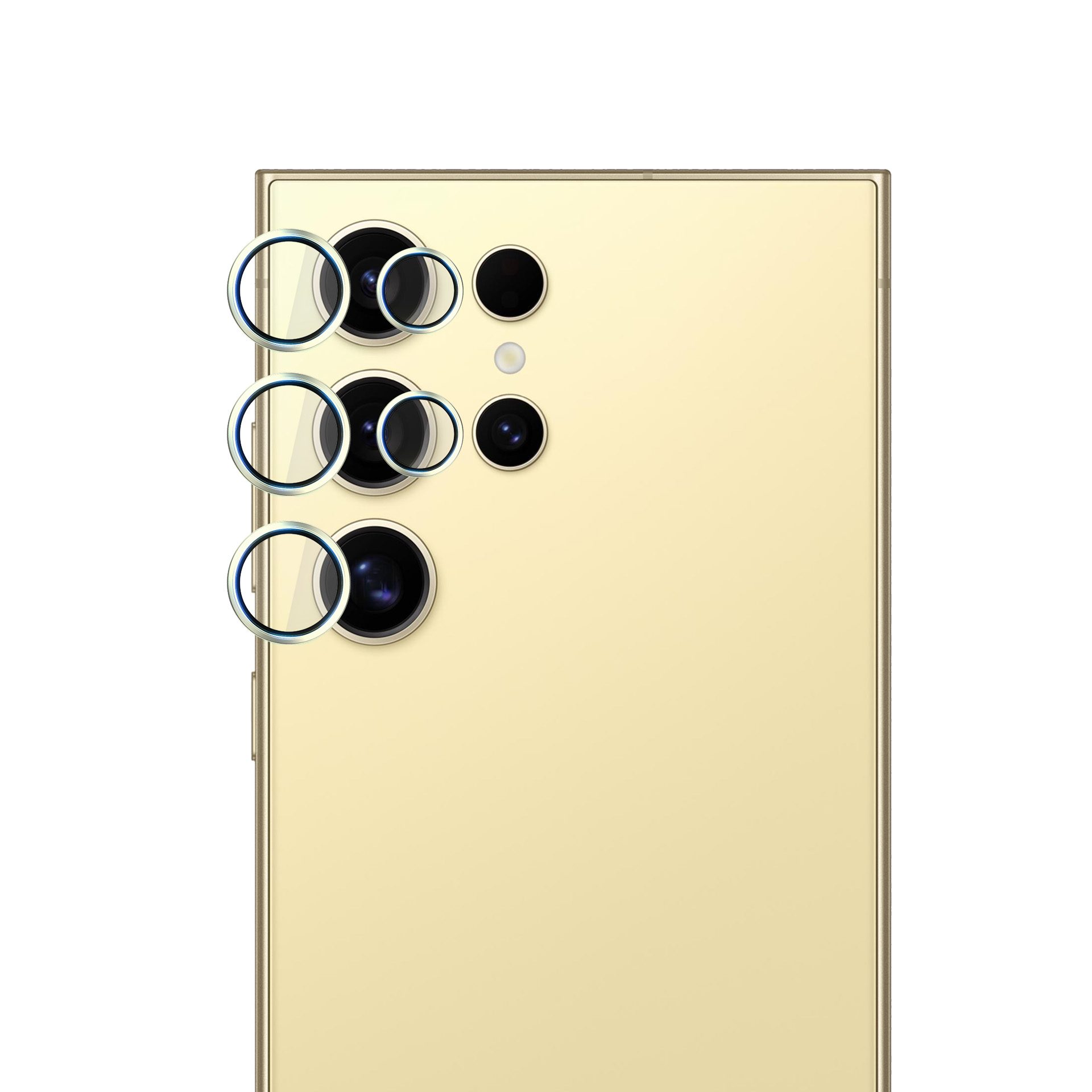 Un telefono con tre obiettivi fotografici, con anelli protettivi intorno agli obiettivi.