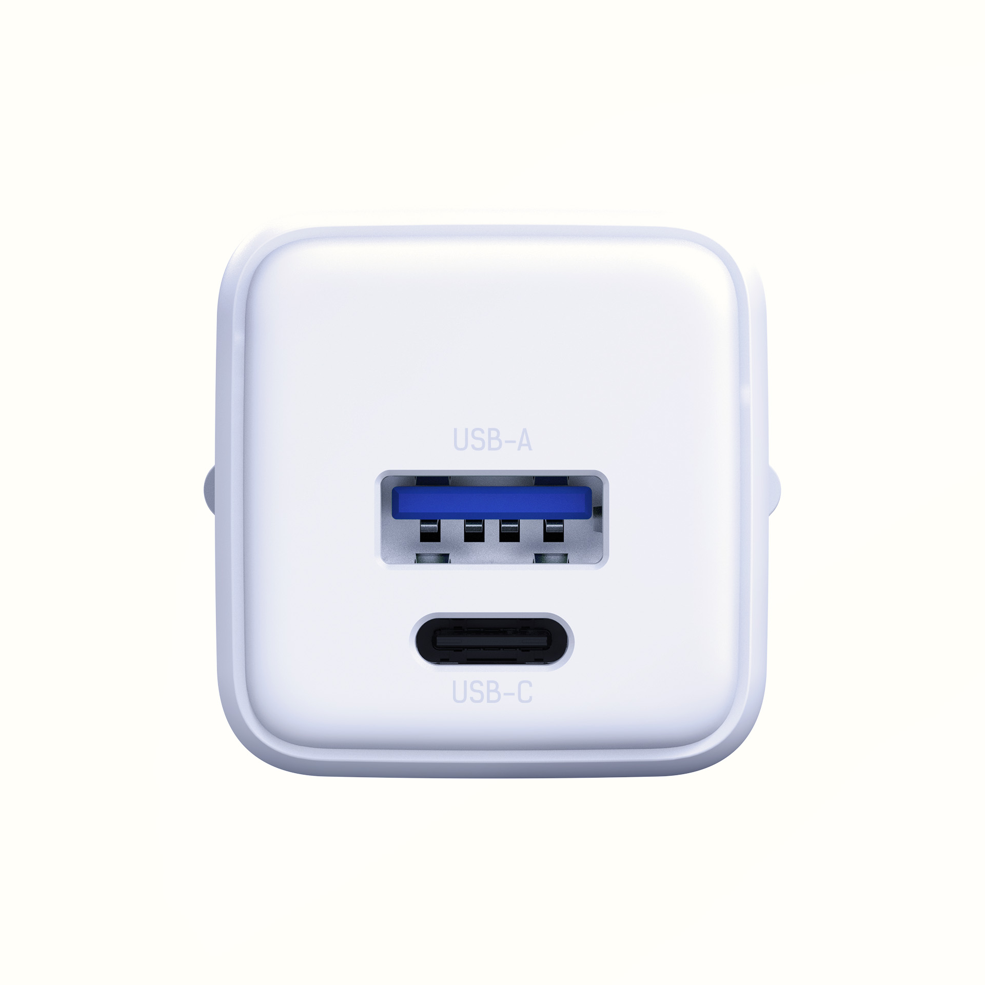 Biała ładowarka USB z portami USB-A i USB-C. Porty są odpowiednio niebieskie i czarne.