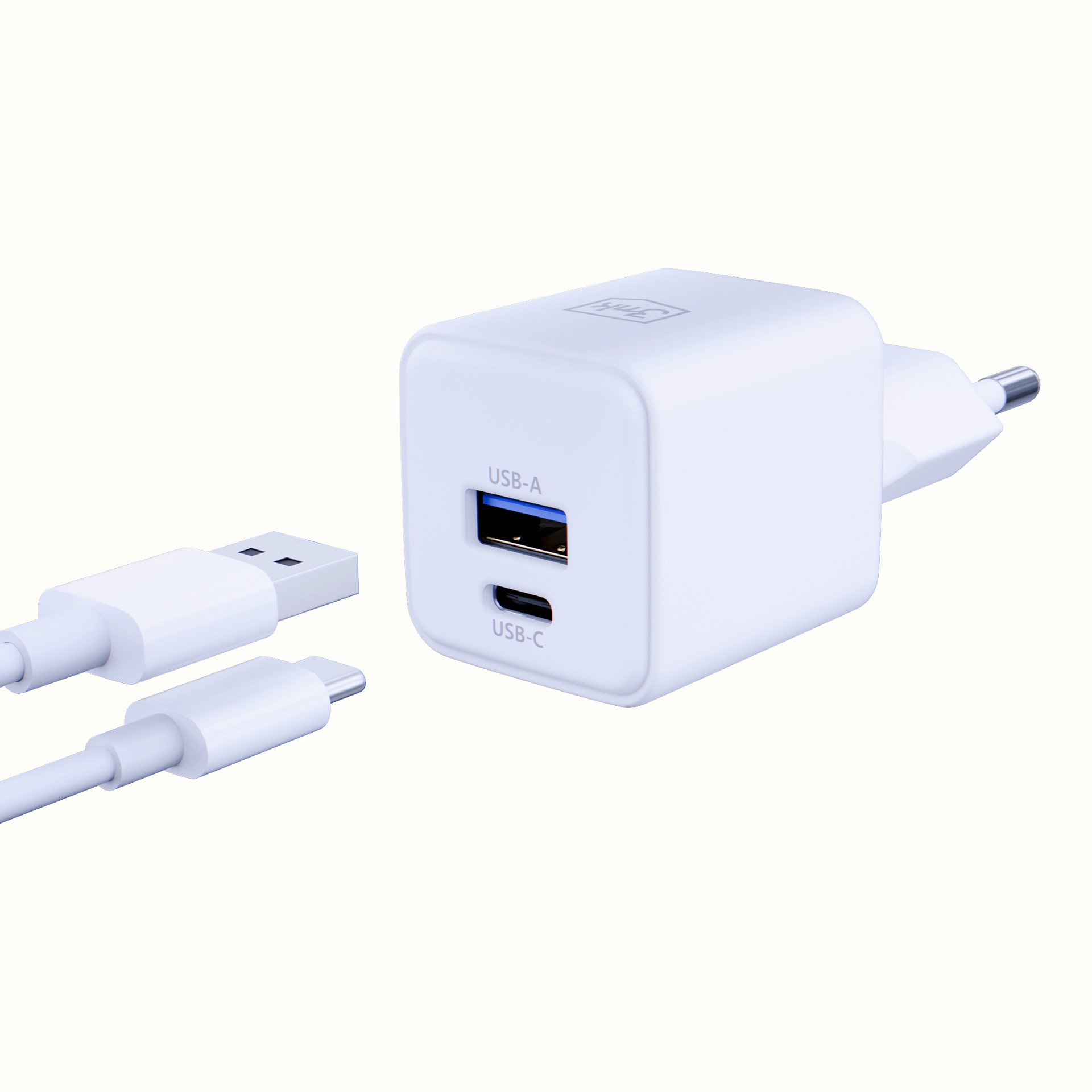 Biała ładowarka z portami USB i USB-C oraz białym kablem.
