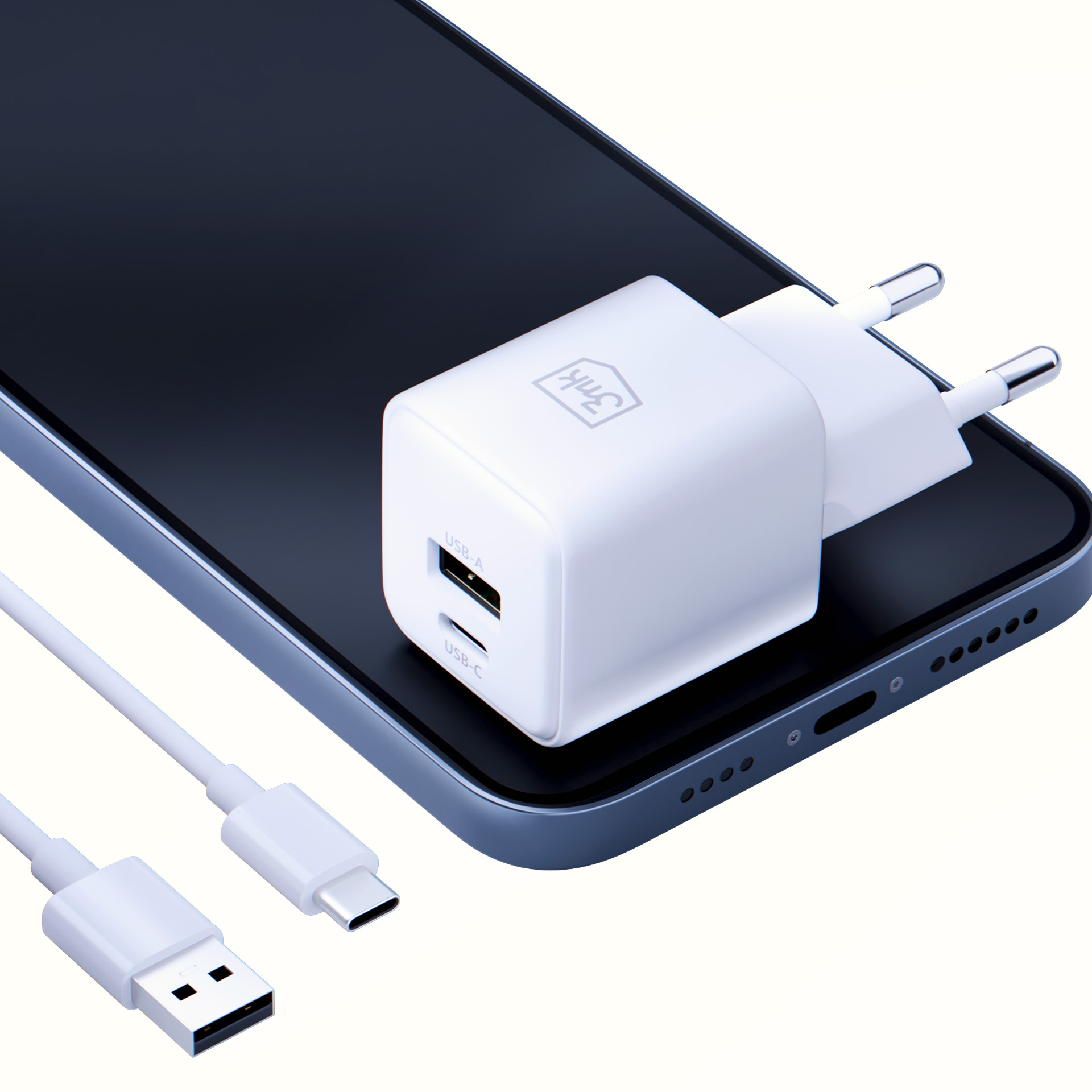 Biała ładowarka z portami USB i USB-C oraz białym kablem podłączonym do telefonu.