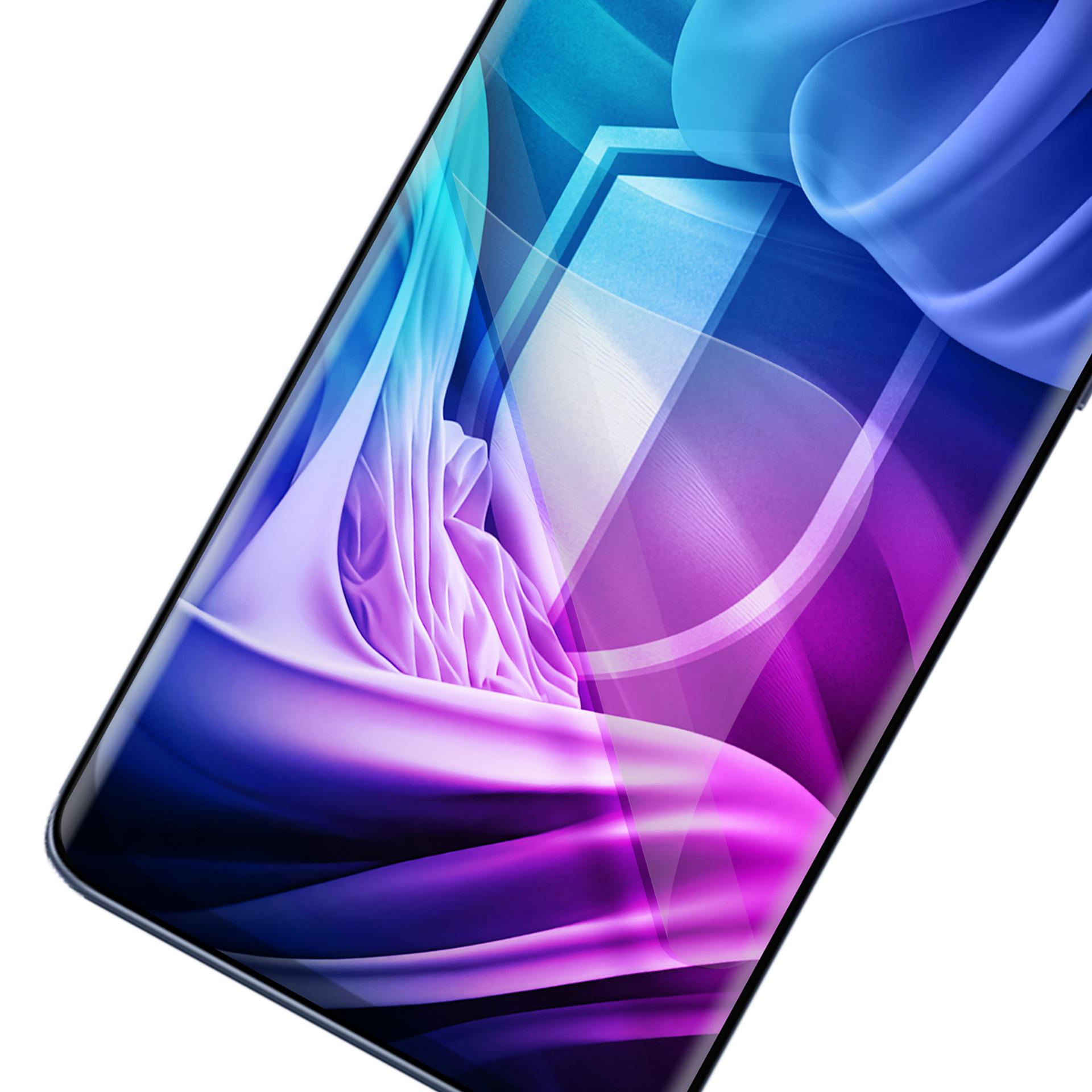 Ekran telefonu z kolorowym abstrakcyjnym wzorem. Na ekranie widoczny jest niebiesko-fioletowy gradient.