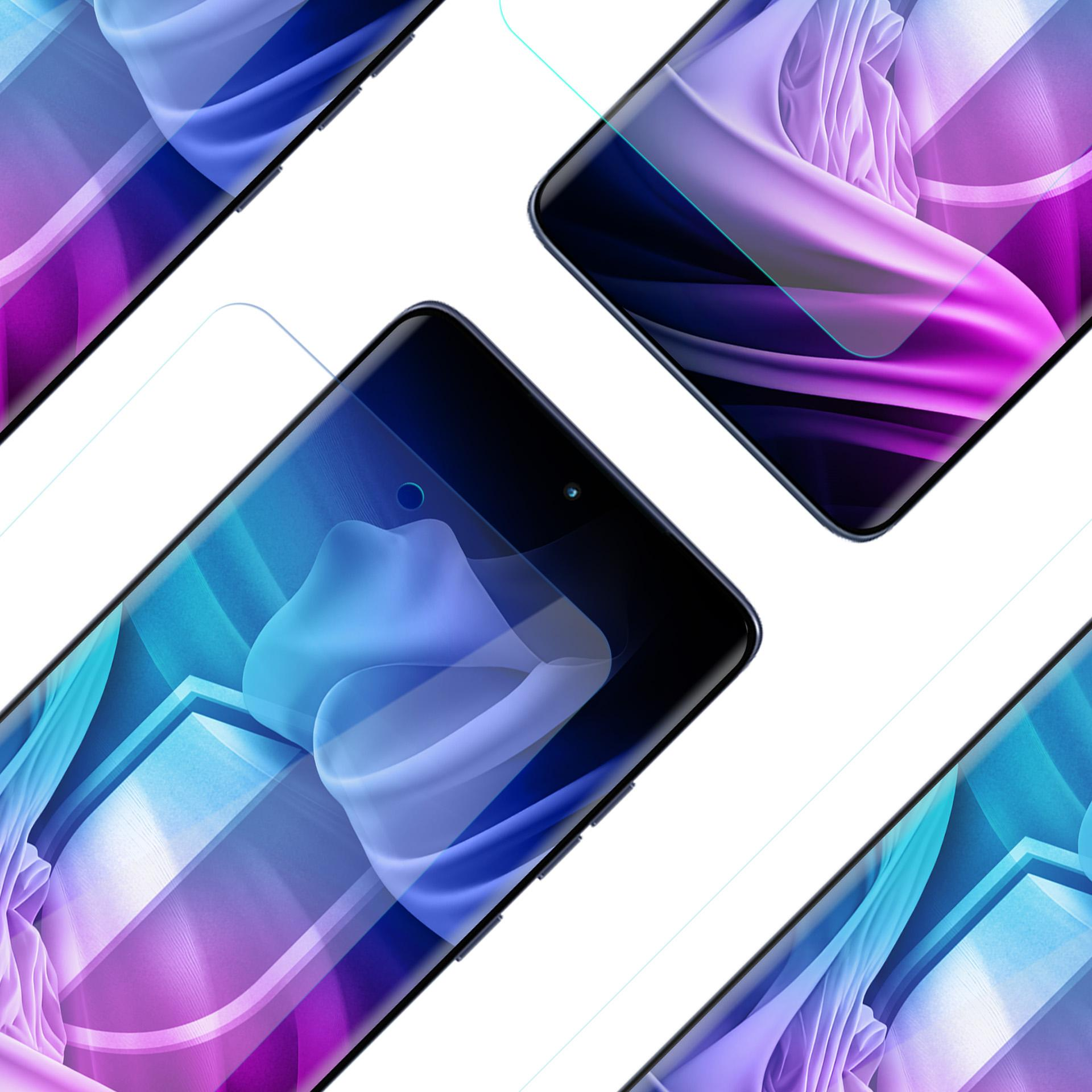 Wyświetlanych jest wiele smartfonów z ochraniaczami ekranu. Ekrany pokazują kolorowy, abstrakcyjny wzór.