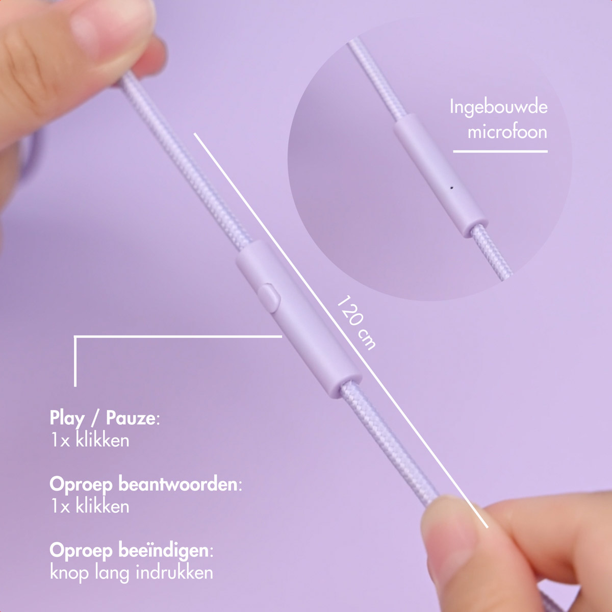 Close-up of a headphone cable. Text: Play/Pause, Answer call, End call. A hand is visible.