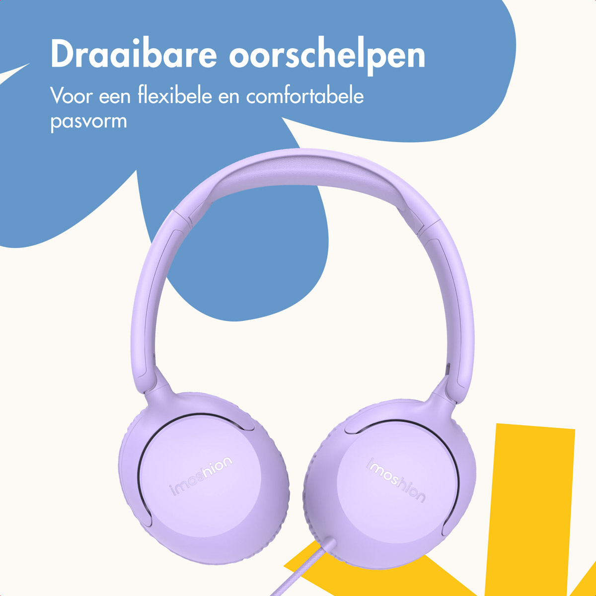 Purple headphones with text. Headline: Draaibare oorschelpen, meaning 'Rotatable earcups'.