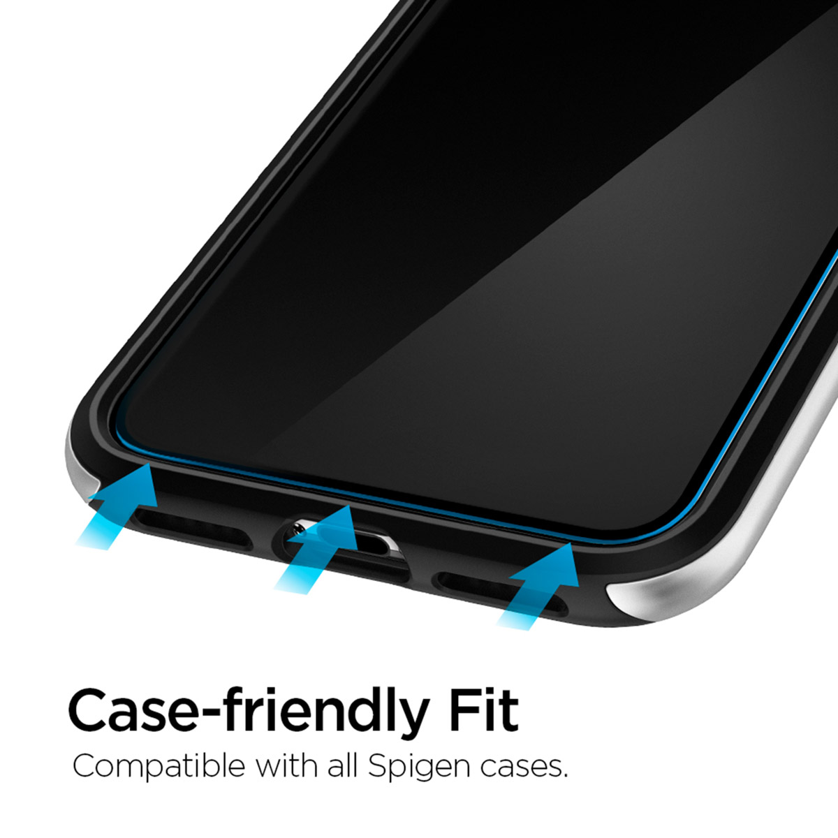 Phone with screen protector. Text: Case-friendly Fit. Arrows point to the charging port and speakers.
