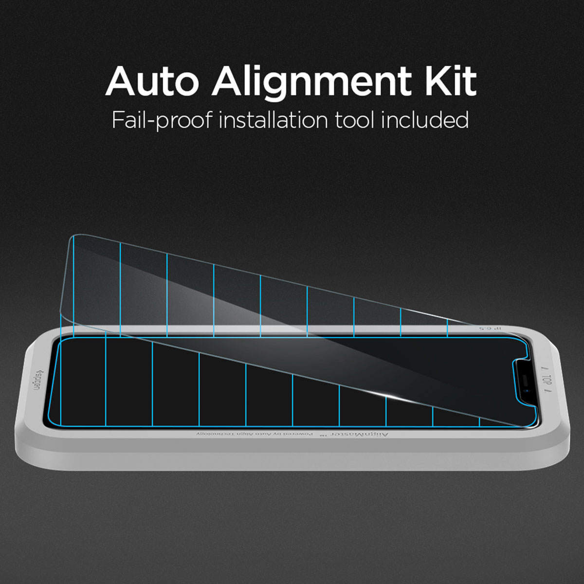 Phone screen protector with an alignment kit. Text: Auto Alignment Kit. A phone is in the kit.