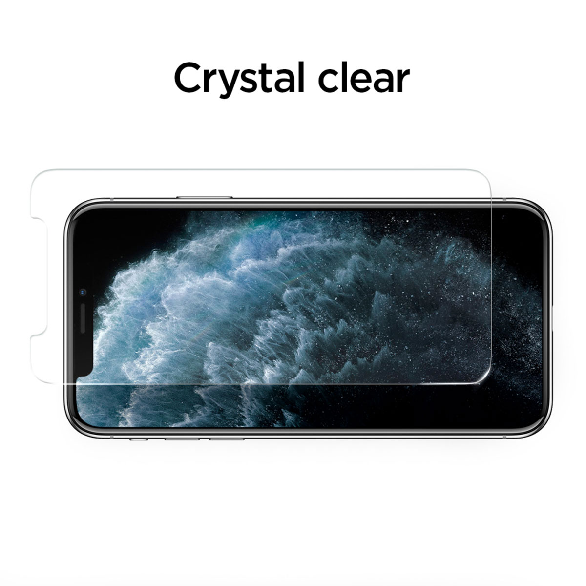 Phone with screen protector. Text: Crystal clear. The screen protector is on top of the screen.
