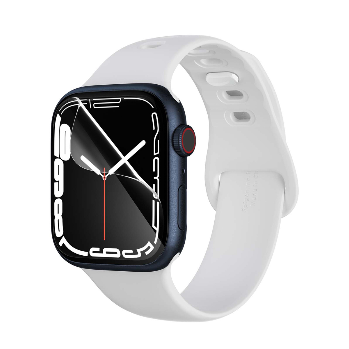 Apple Watch with a white band and screen protector applied. The screen displays the watch face.
