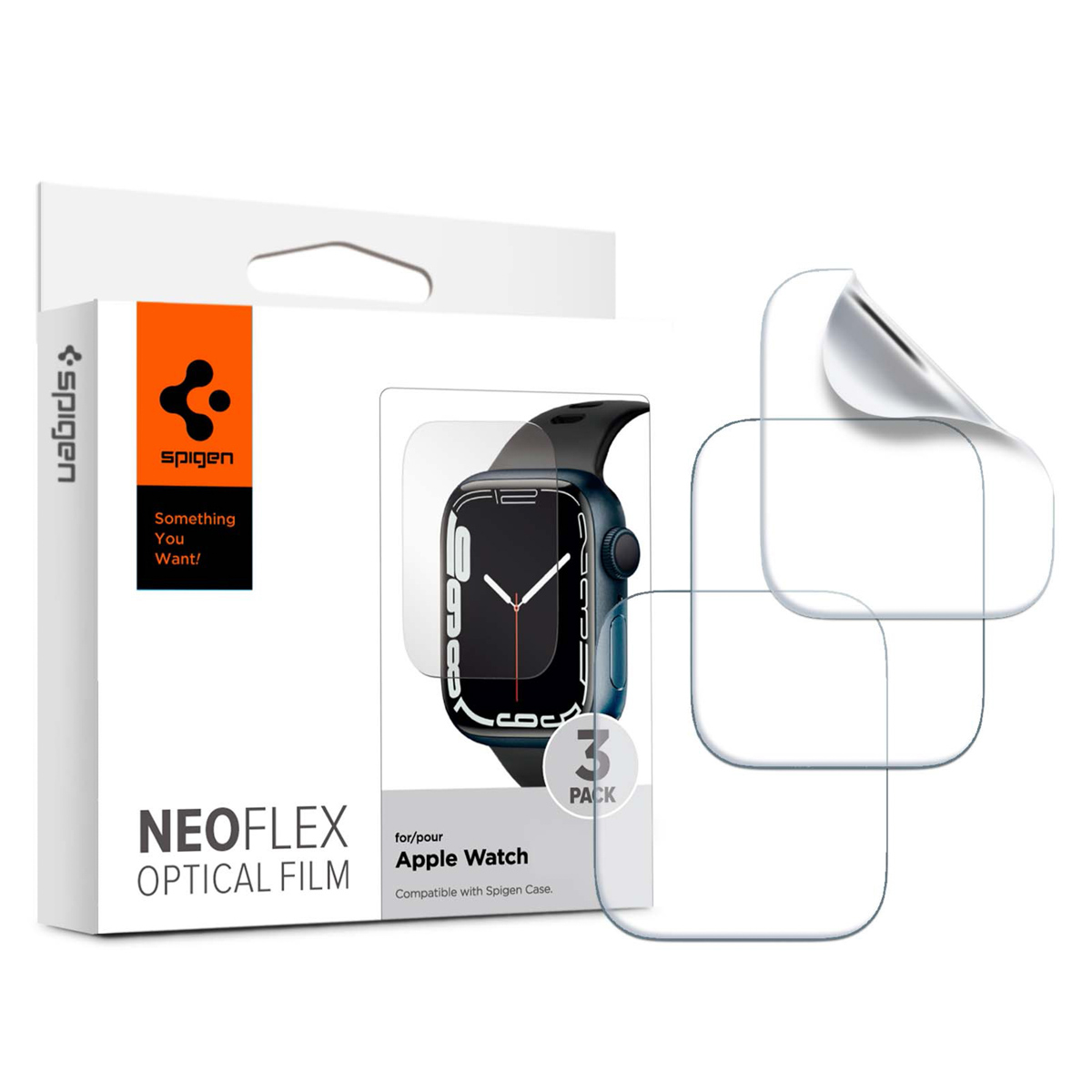 Box with Apple Watch screen protectors. Watch displayed on the box. Clear protectors are on the right.