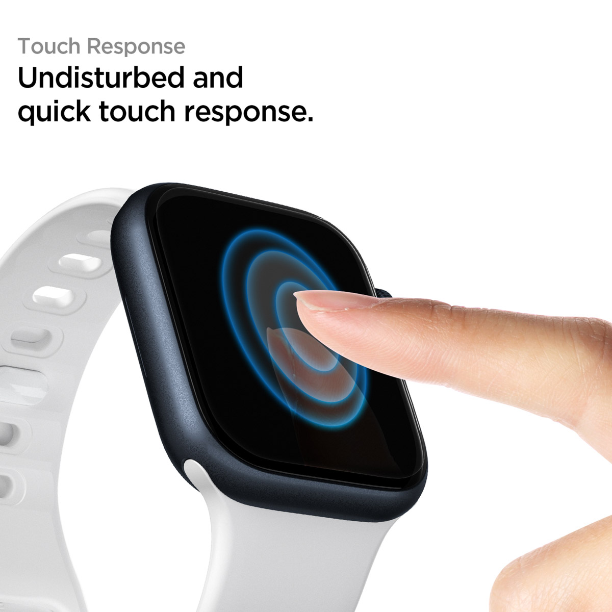 Apple Watch with a white band. A finger touches the screen, and a blue glowing circle appears.