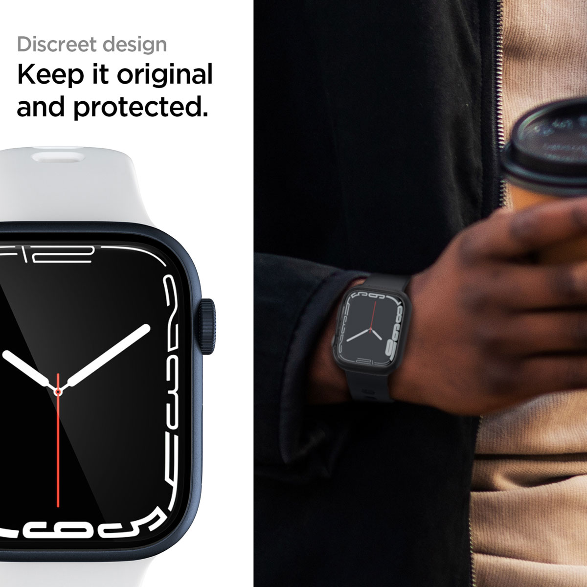 Apple Watch on wrist with case. The watch face is visible. Man holding a cup of coffee.