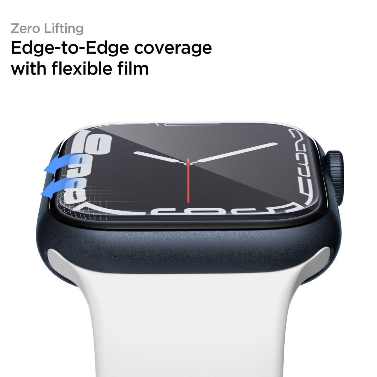 Apple Watch with a screen protector applied. The screen displays the watch face. Arrows point.