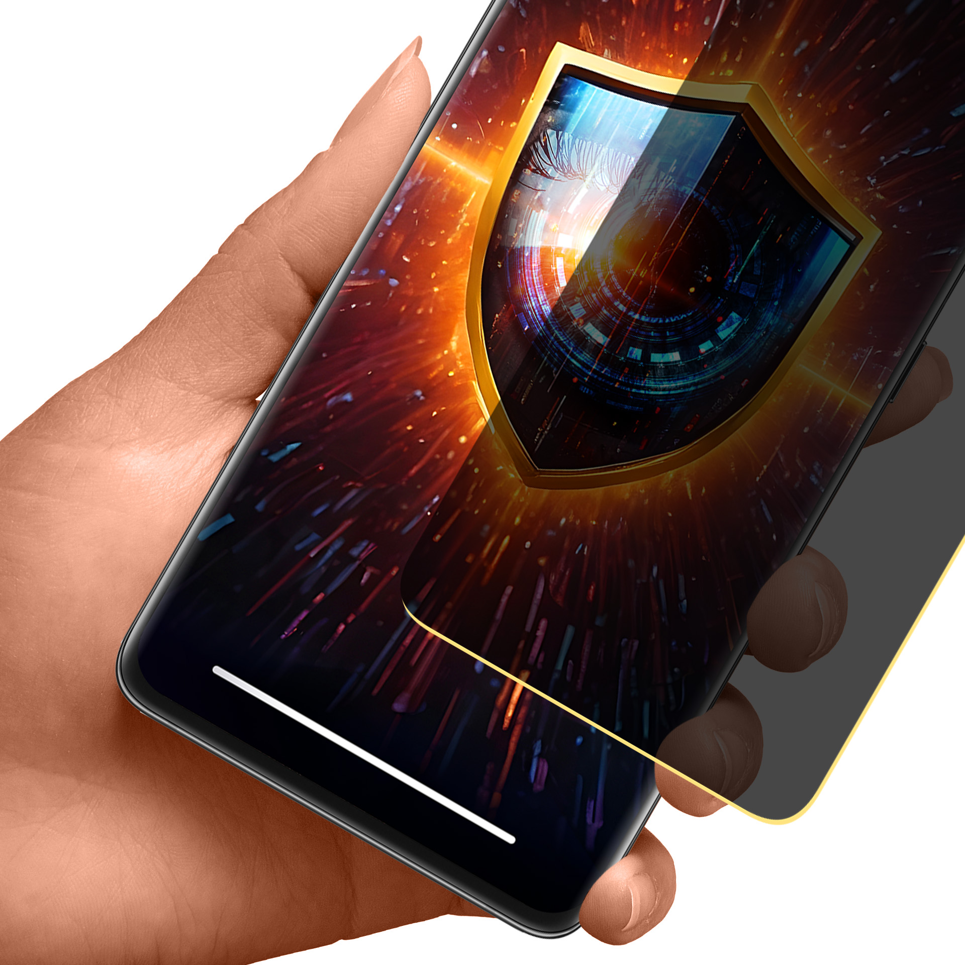 Dłoń trzymająca telefon z ochroną ekranu z złotą tarczą i abstrakcyjnym tłem.